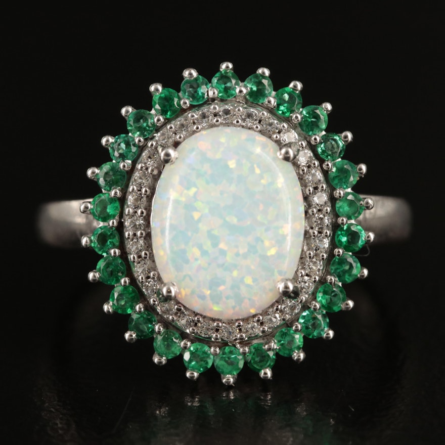 Sterling Opal, Emerald, and White Sapphire Ring