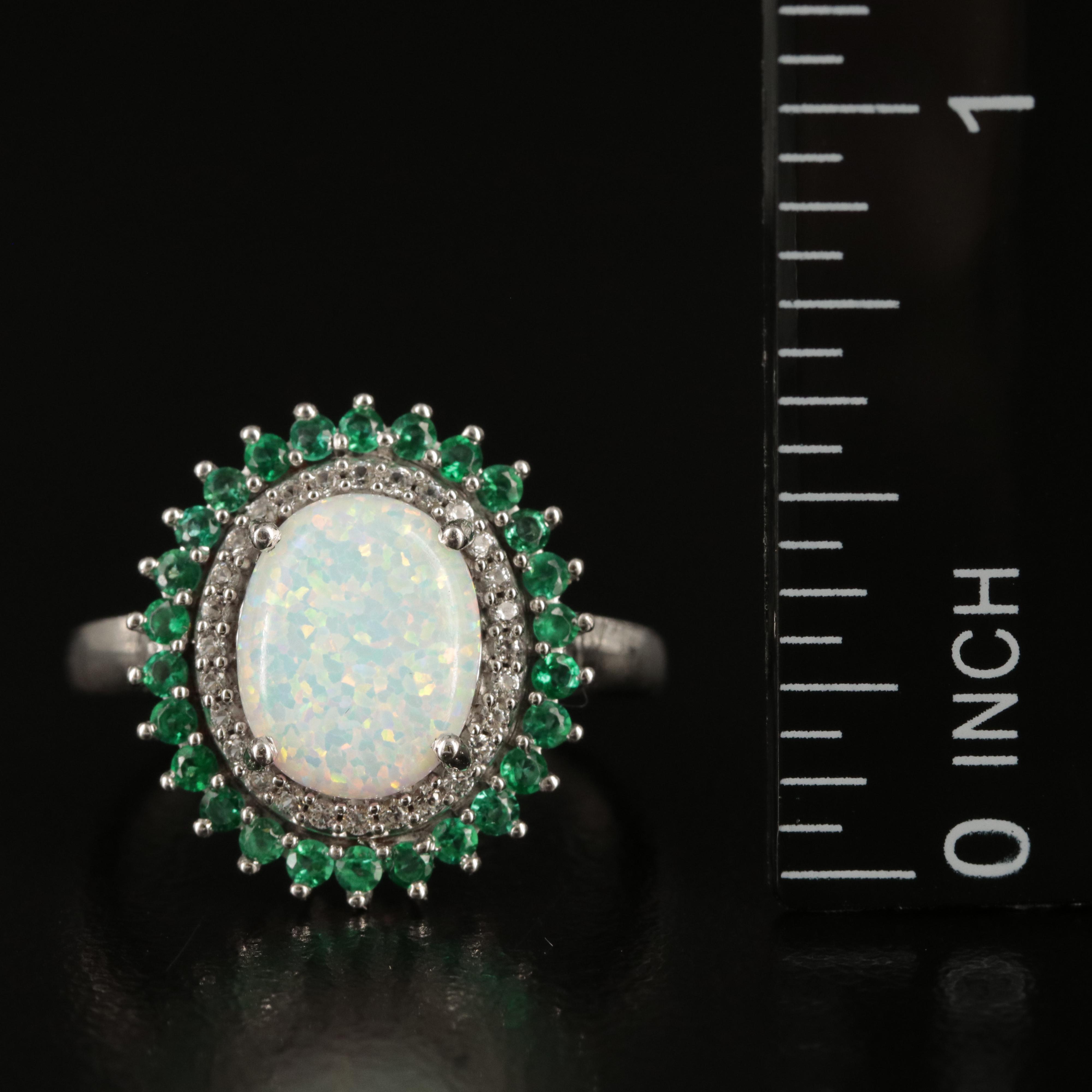 Sterling Opal, Emerald, and White Sapphire Ring