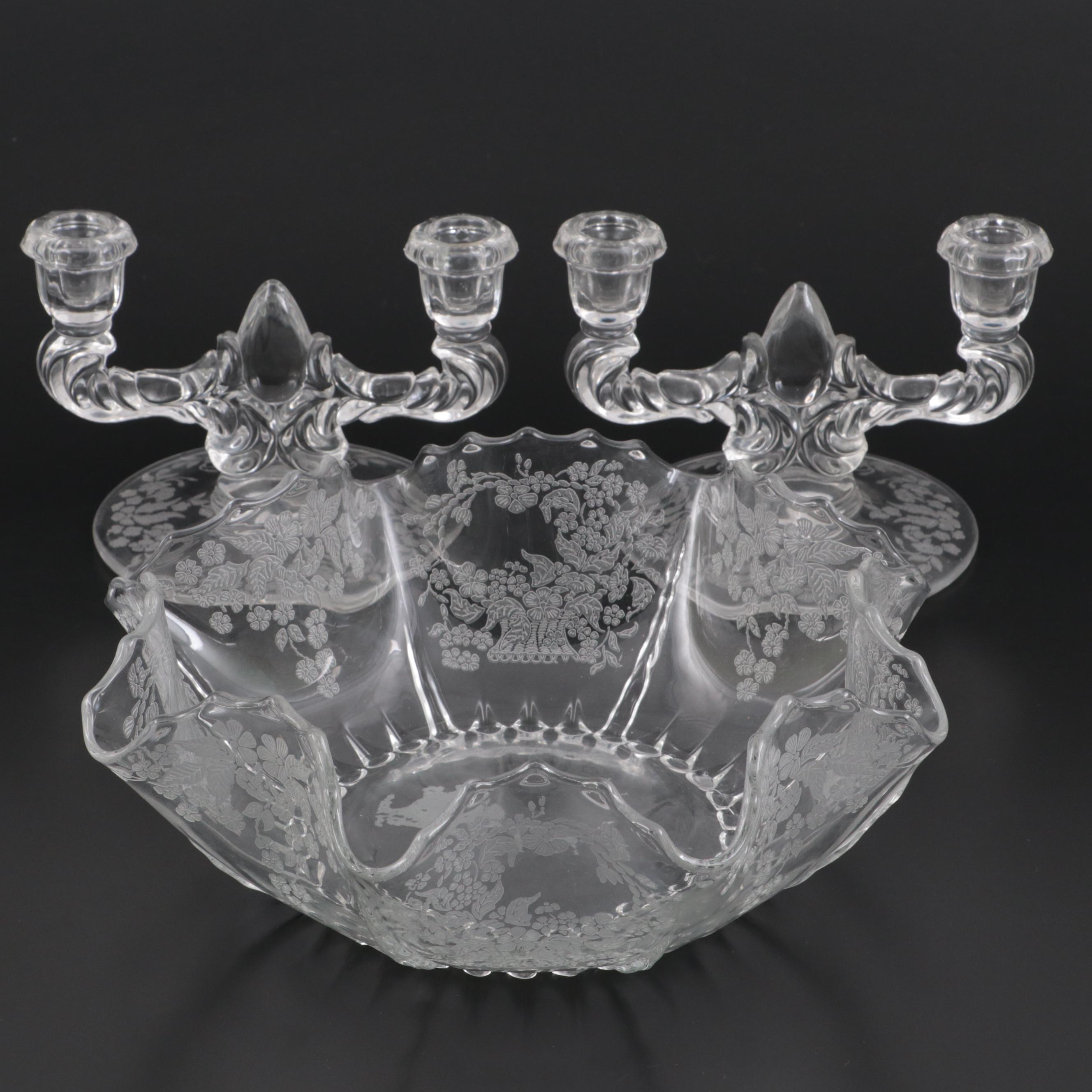 New Martinsville "Flower Basket" Clear Glass Candlesticks and Fluted Bowl