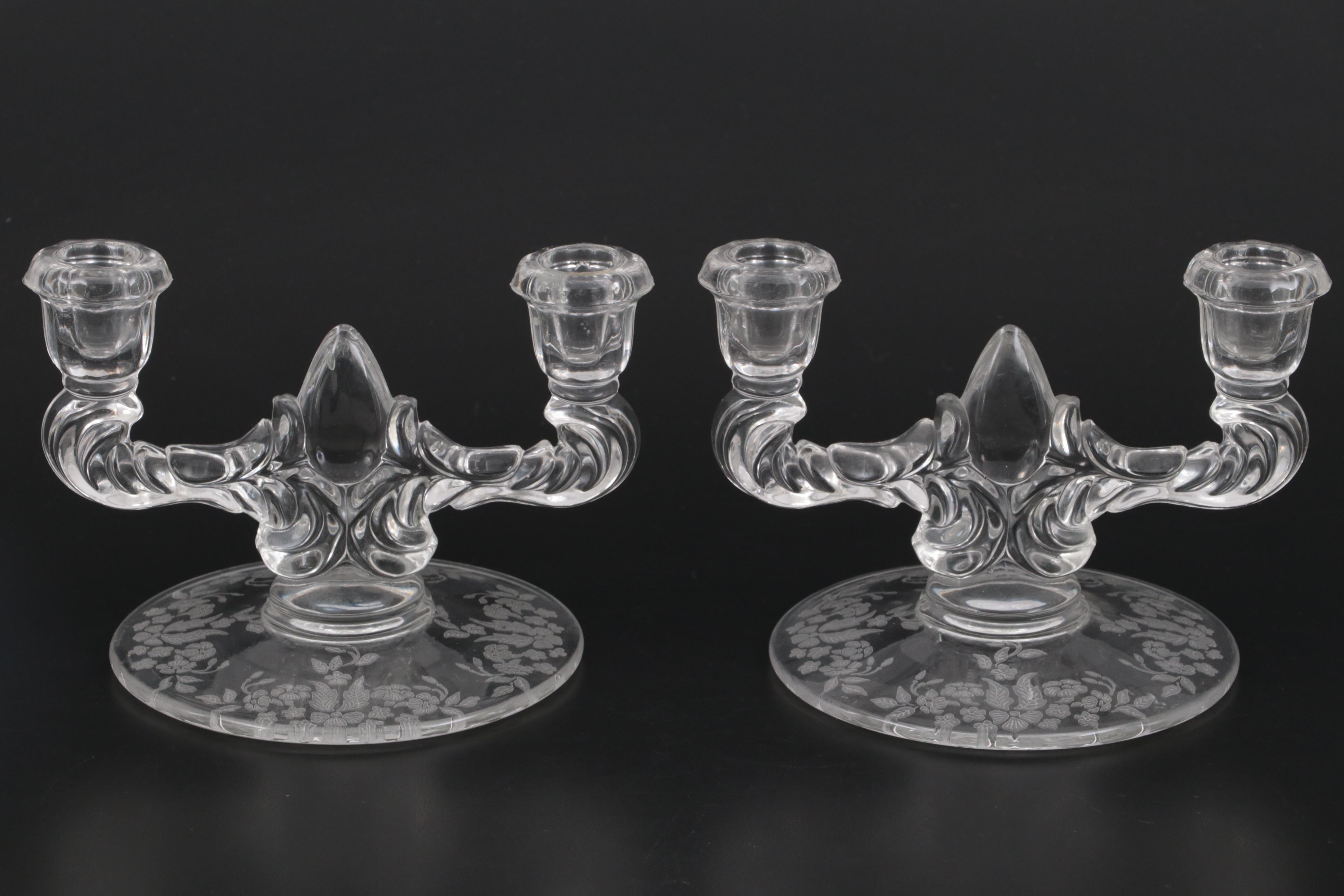 New Martinsville "Flower Basket" Clear Glass Candlesticks and Fluted Bowl