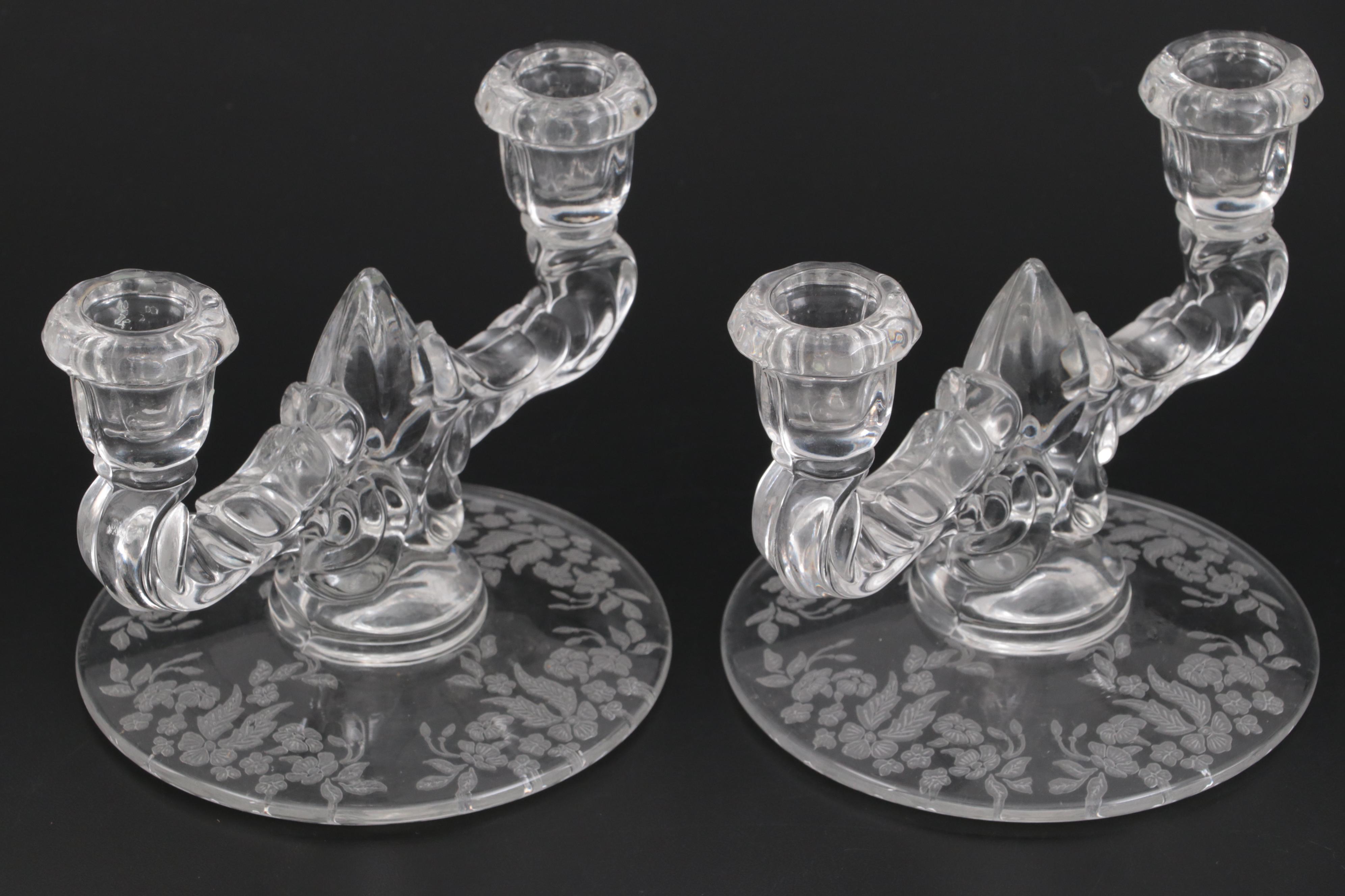 New Martinsville "Flower Basket" Clear Glass Candlesticks and Fluted Bowl