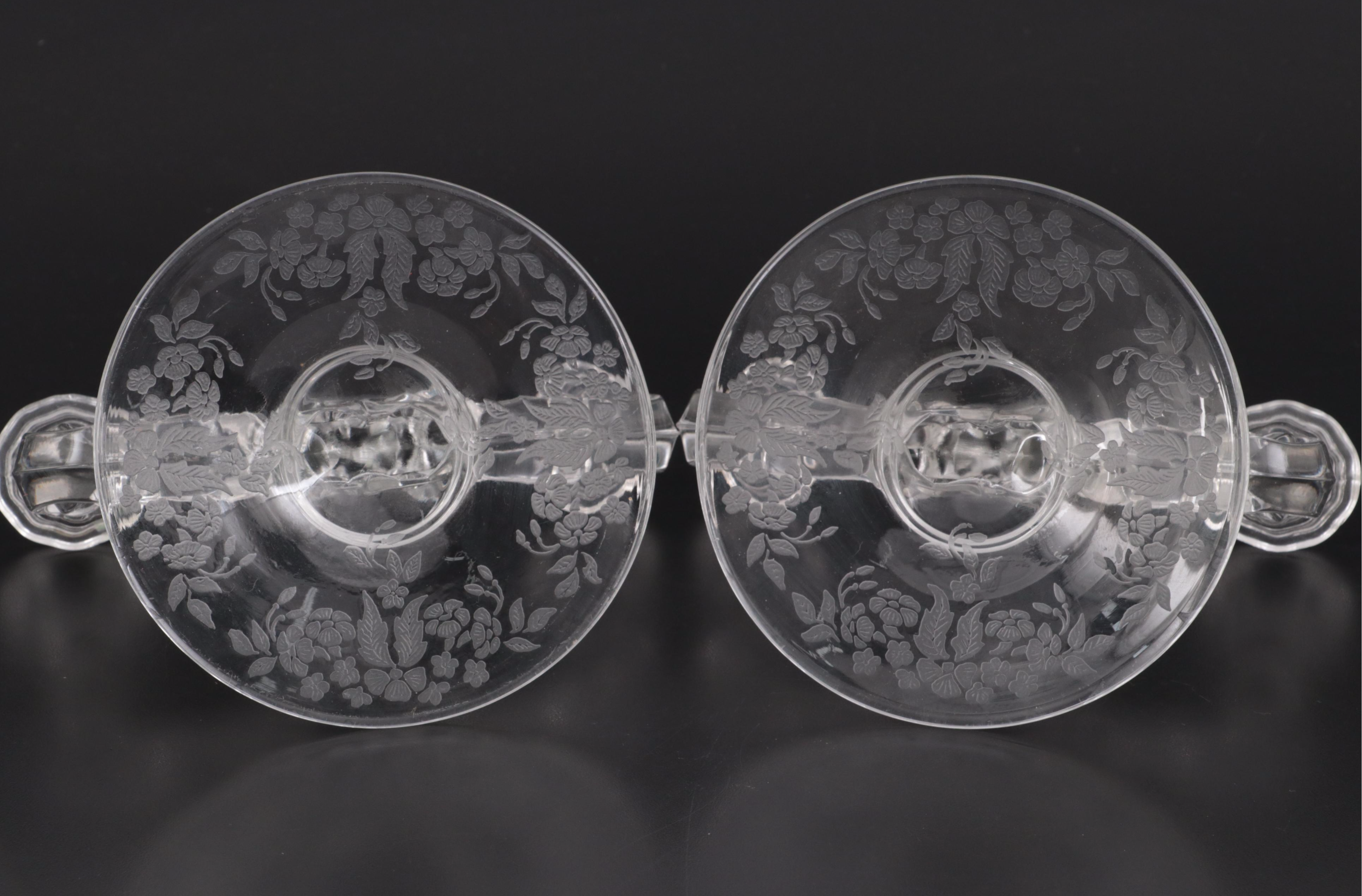 New Martinsville "Flower Basket" Clear Glass Candlesticks and Fluted Bowl