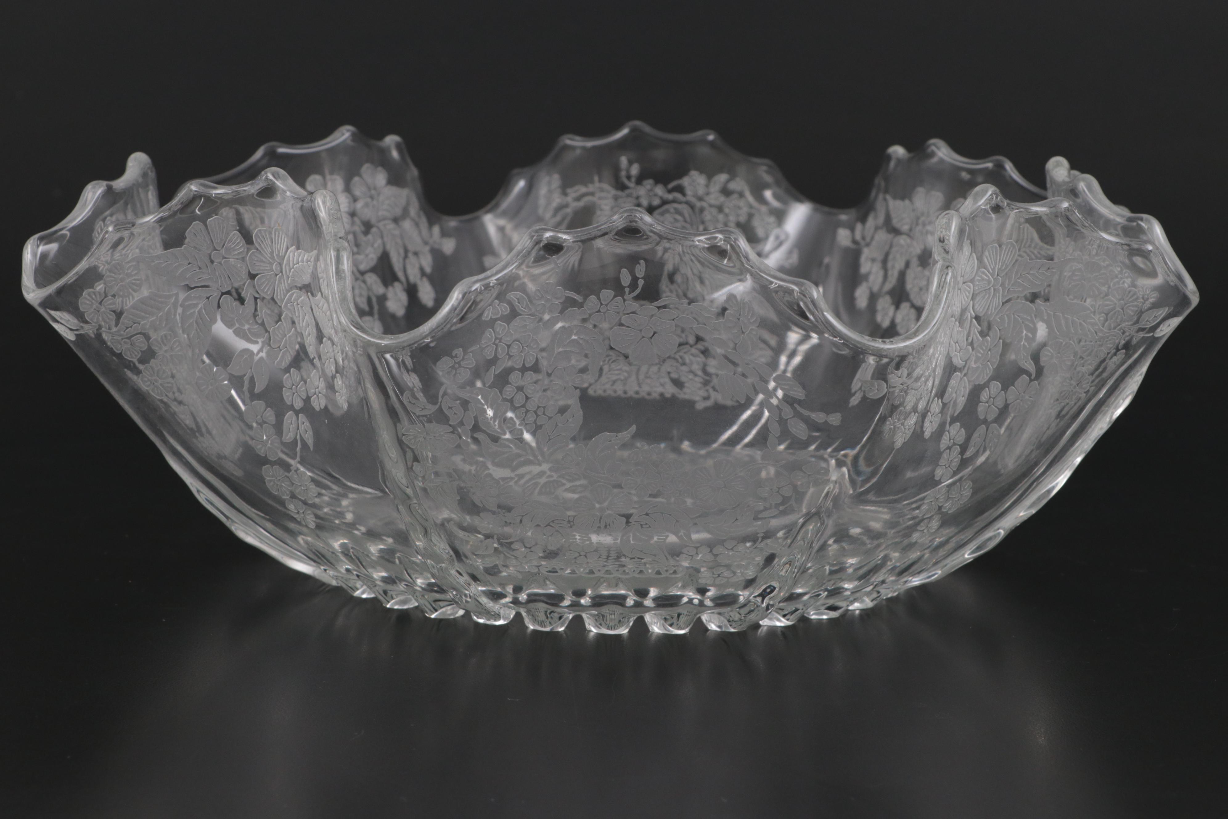 New Martinsville "Flower Basket" Clear Glass Candlesticks and Fluted Bowl