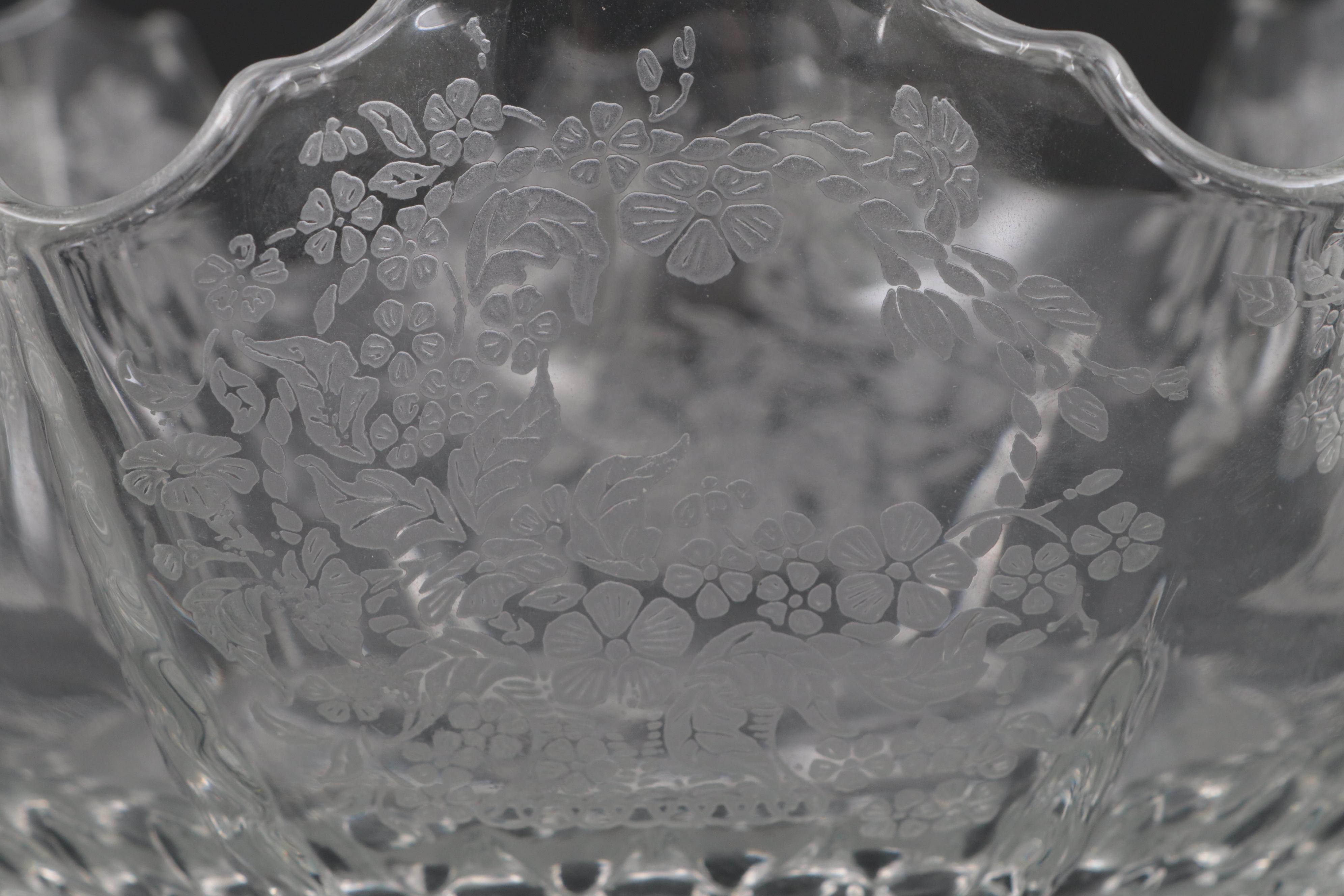 New Martinsville "Flower Basket" Clear Glass Candlesticks and Fluted Bowl