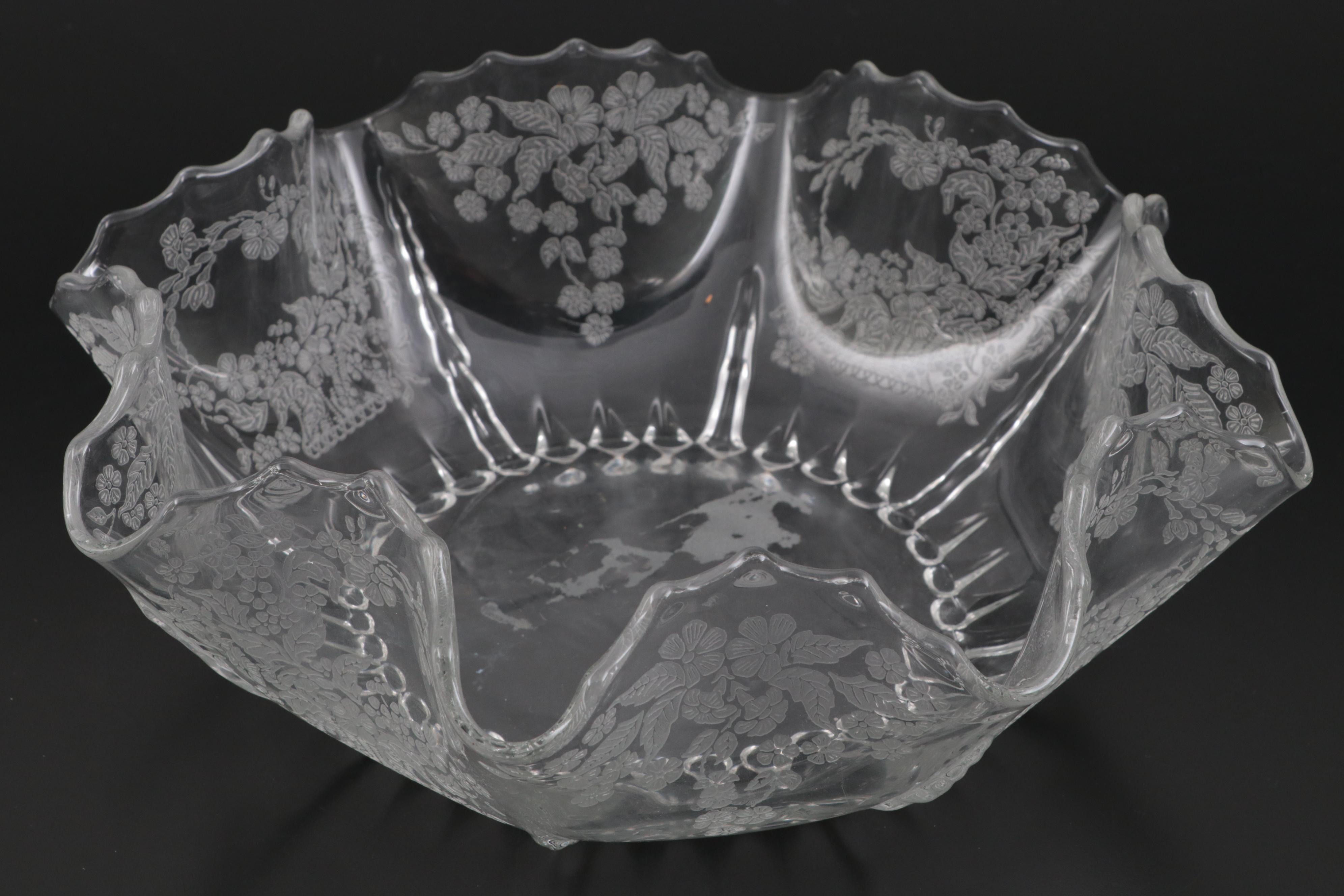 New Martinsville "Flower Basket" Clear Glass Candlesticks and Fluted Bowl