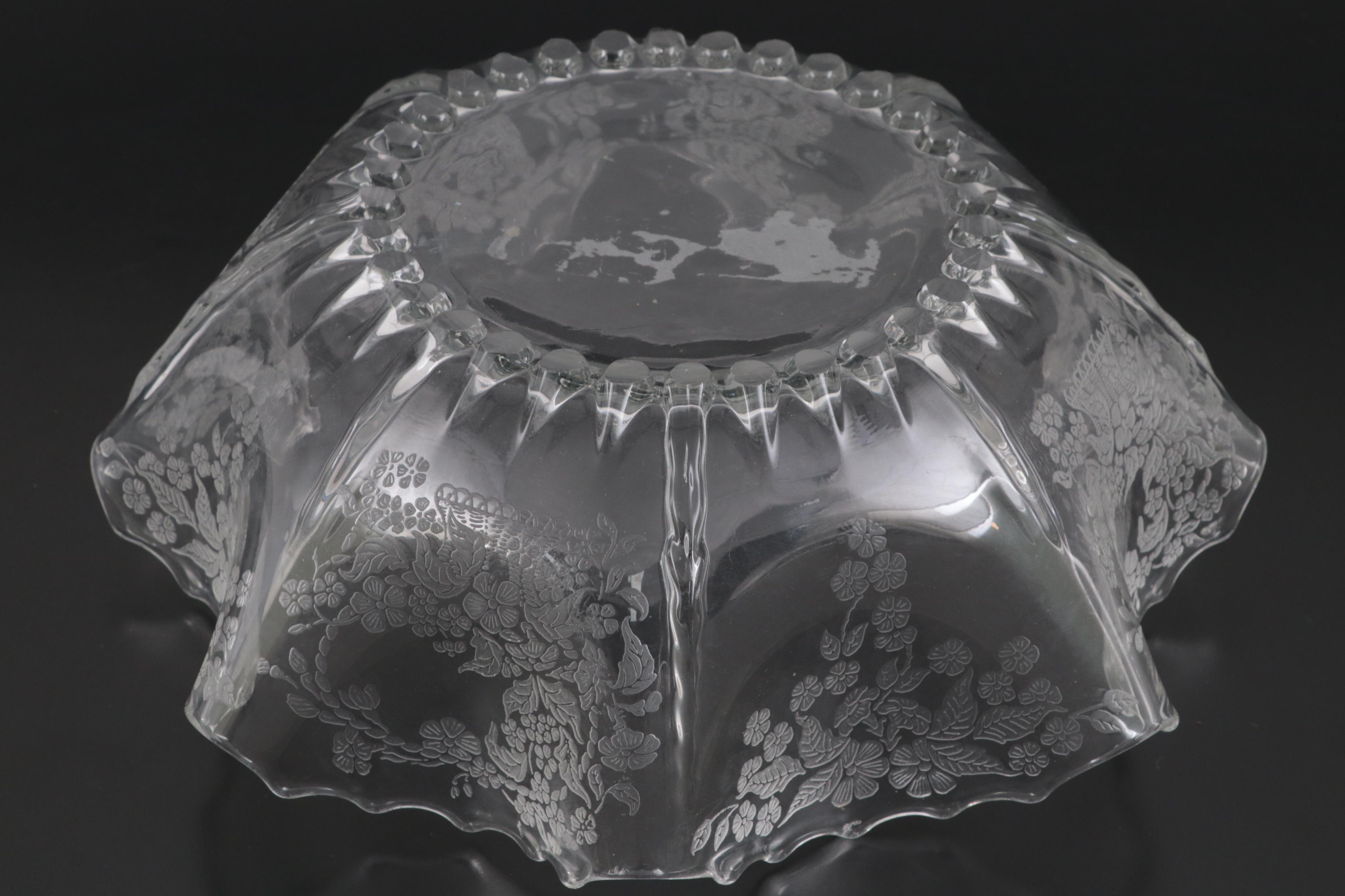 New Martinsville "Flower Basket" Clear Glass Candlesticks and Fluted Bowl