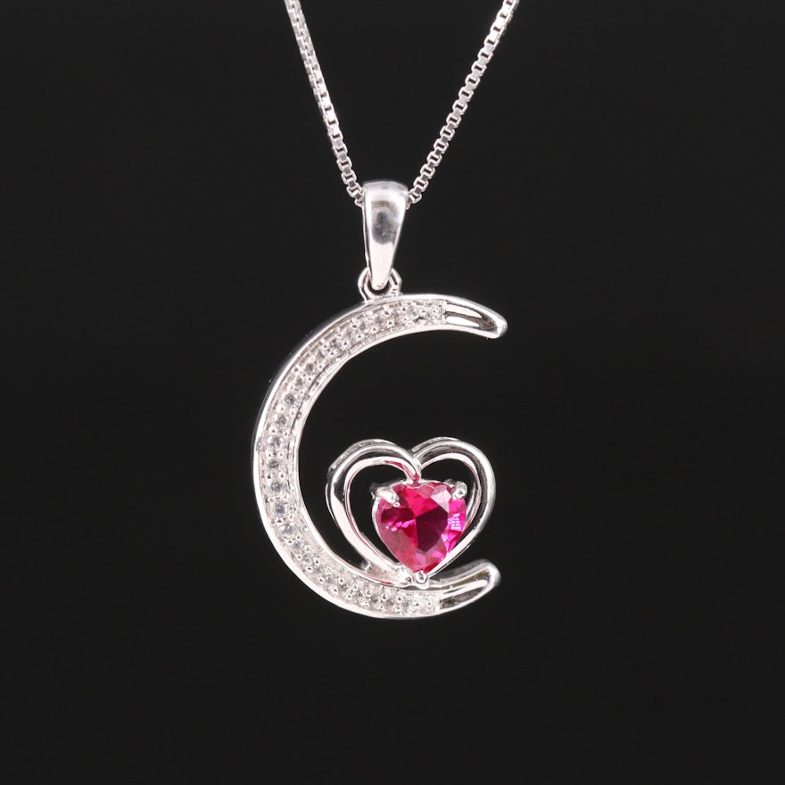 Sterling Ruby and Sapphire Crescent Moon and Heart Pendant Necklace