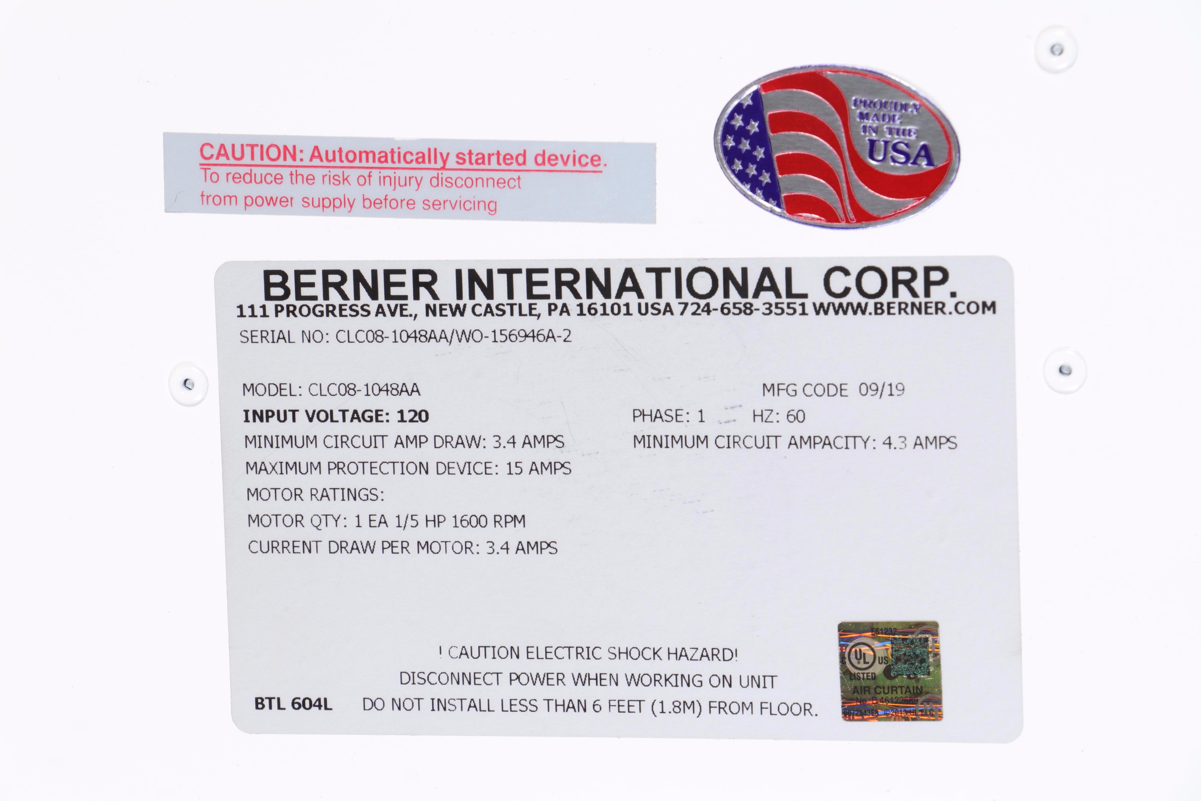 Berner International Industrial Series 8 Unheated Low Profile Air Curtain