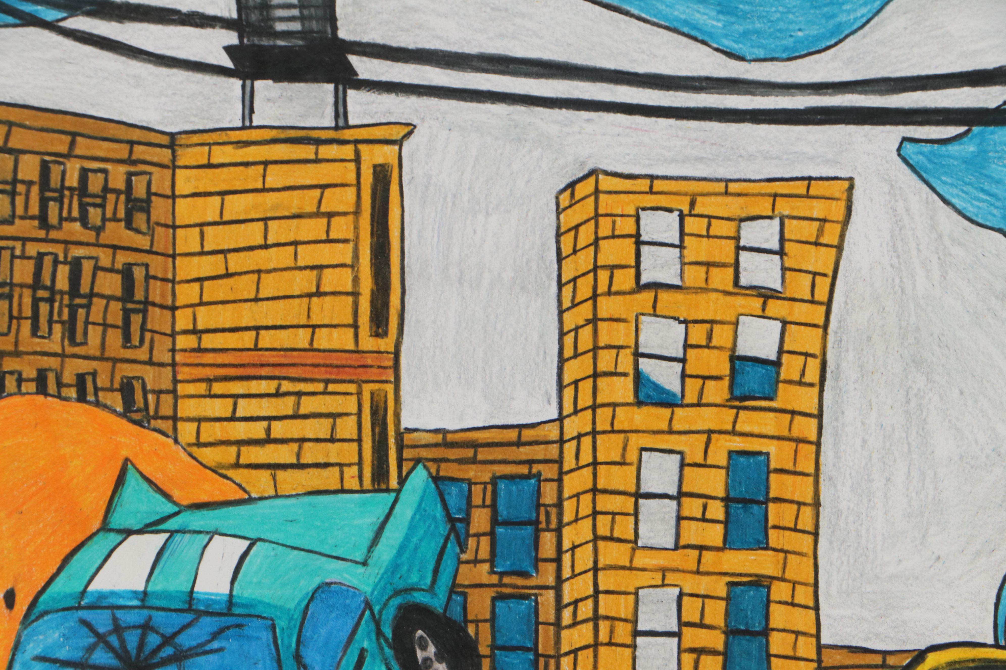 Darien Johnson City Scene Color Pencil Drawing, 21st Century