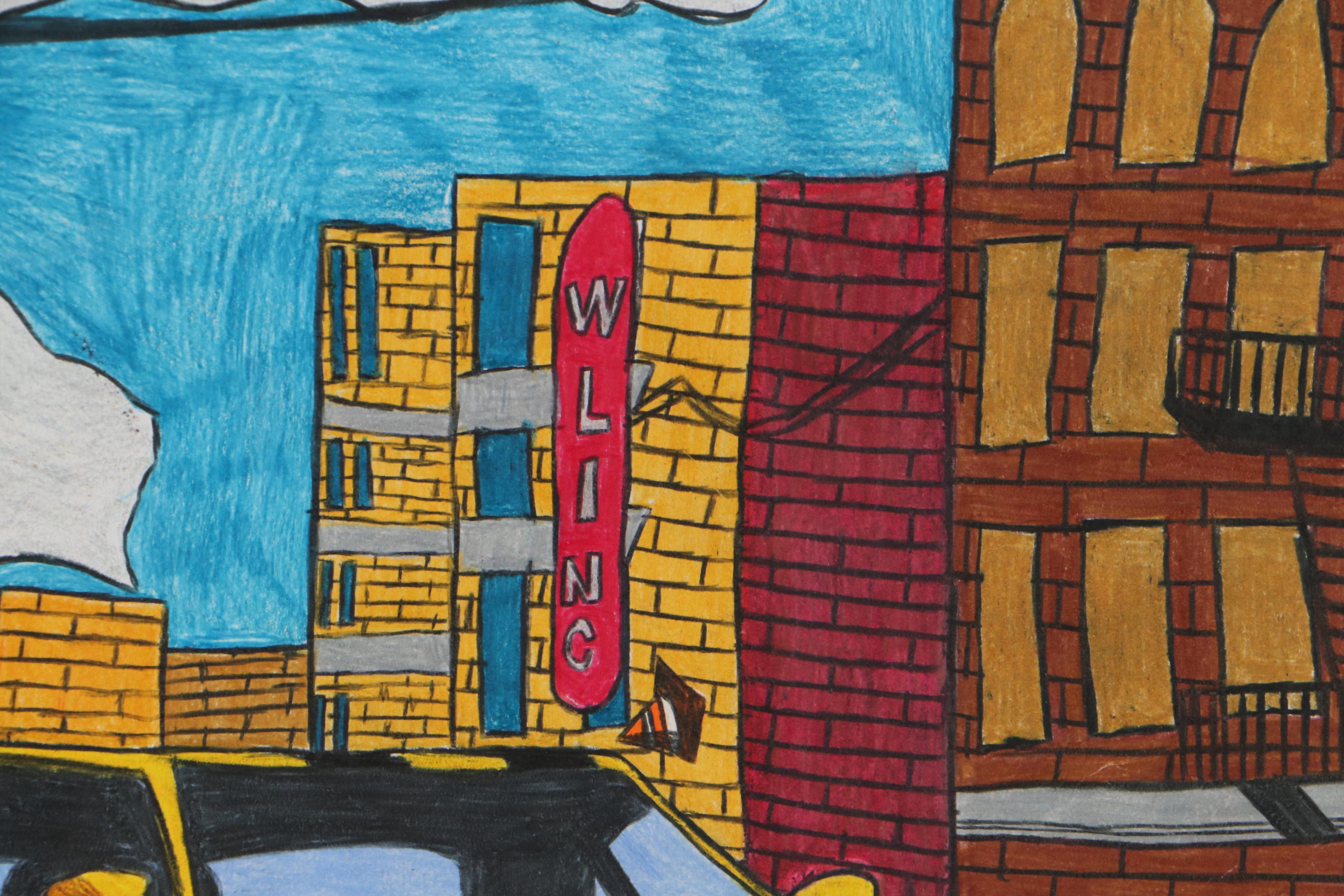 Darien Johnson City Scene Color Pencil Drawing, 21st Century