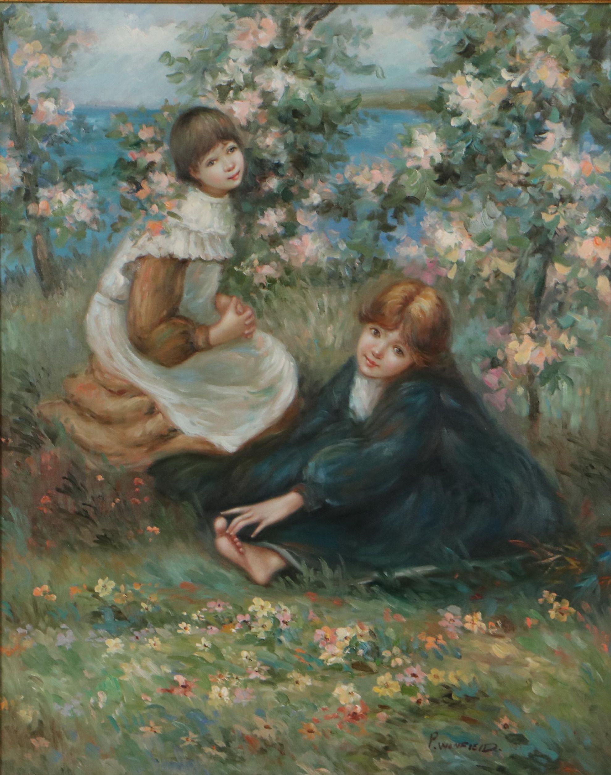Oil Painting of Children Playing, Late 20th Century