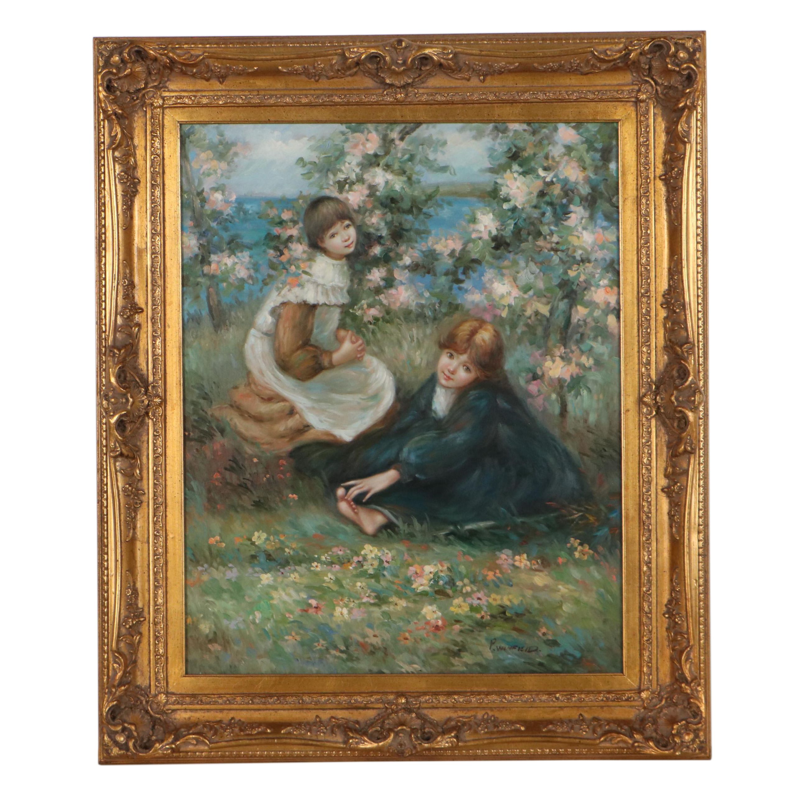 Oil Painting of Children Playing, Late 20th Century