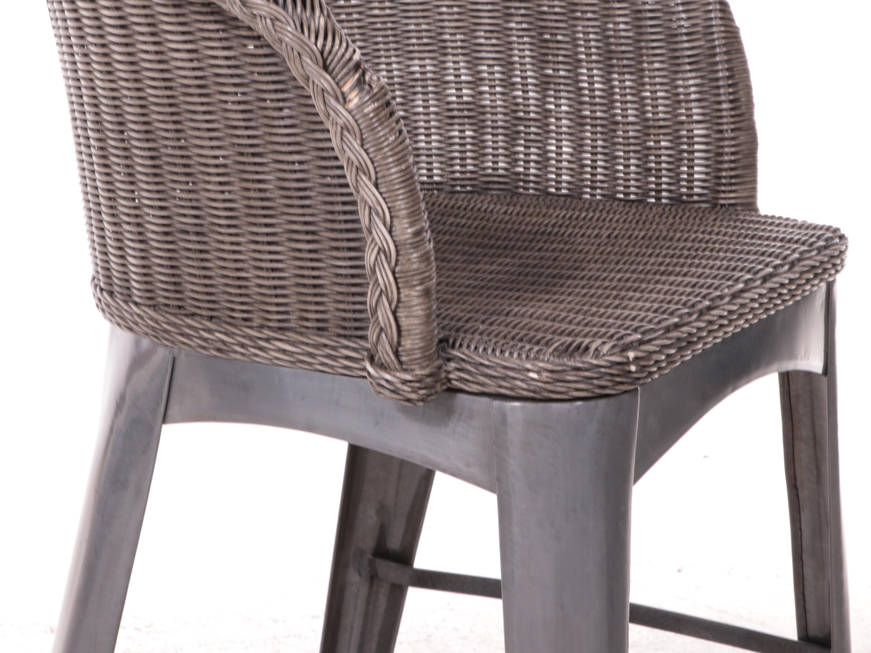 Five Palecek Industrial Style Metal and Wicker Bar Stools