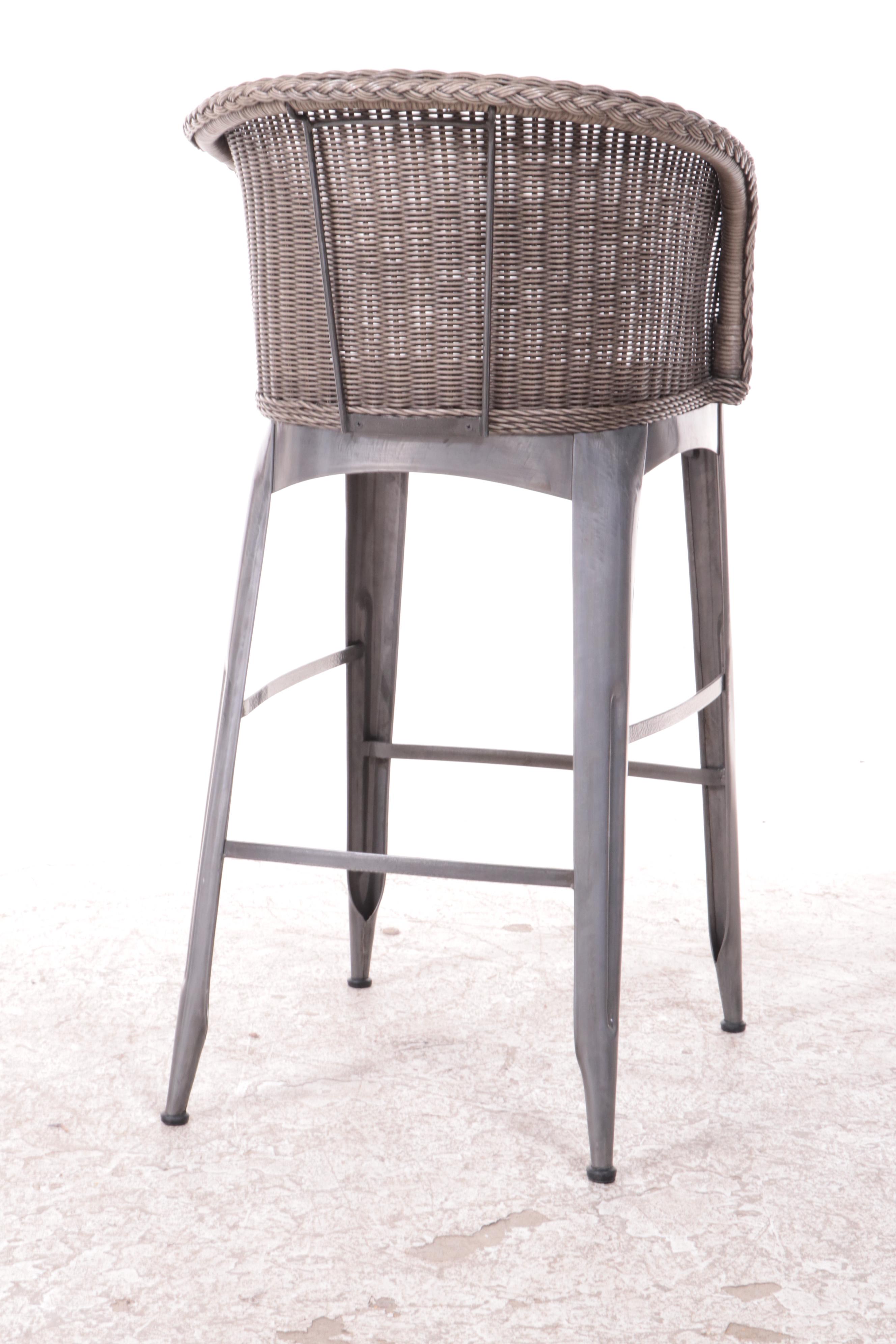 Five Palecek Industrial Style Metal and Wicker Bar Stools