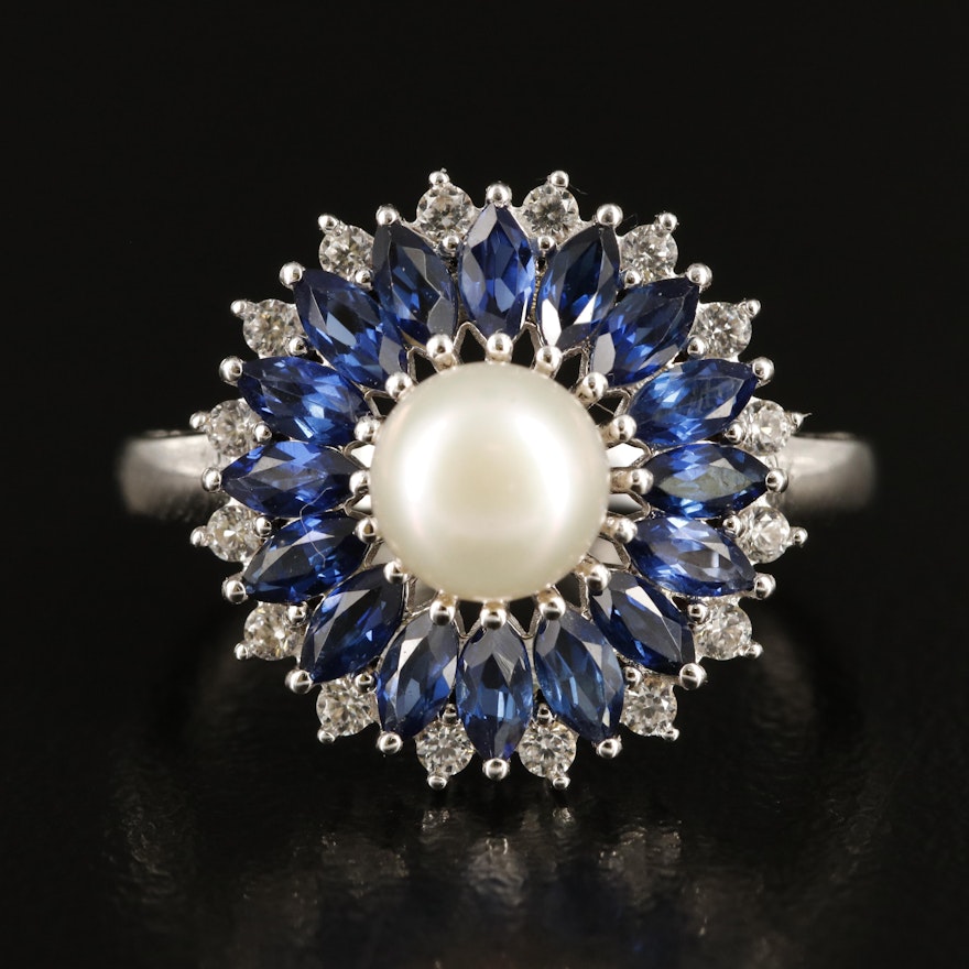 Sterling Pearl, Sapphire and White Sapphire Ring