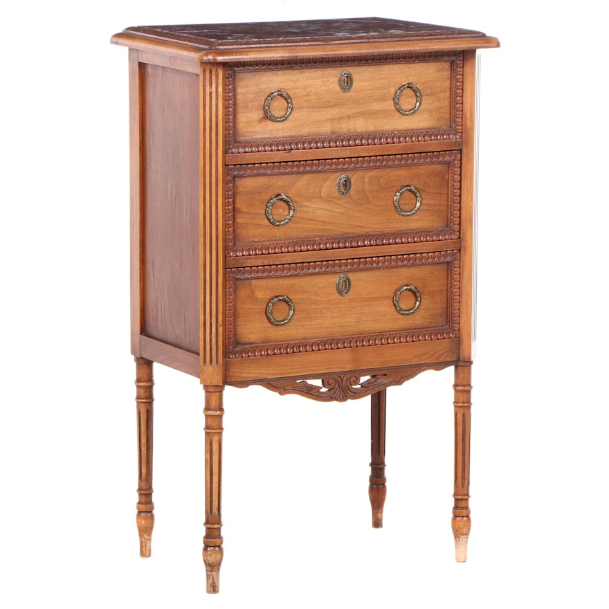 Louis XVI Style Fruitwood-Stained and Marble Top Three-Drawer Petite Commode