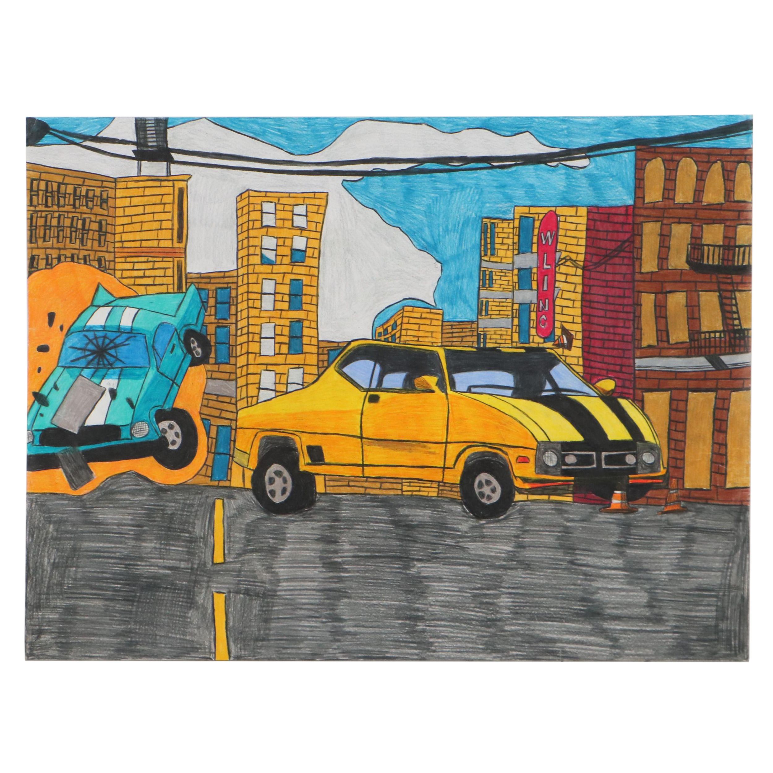 Darien Johnson City Scene Color Pencil Drawing, 21st Century