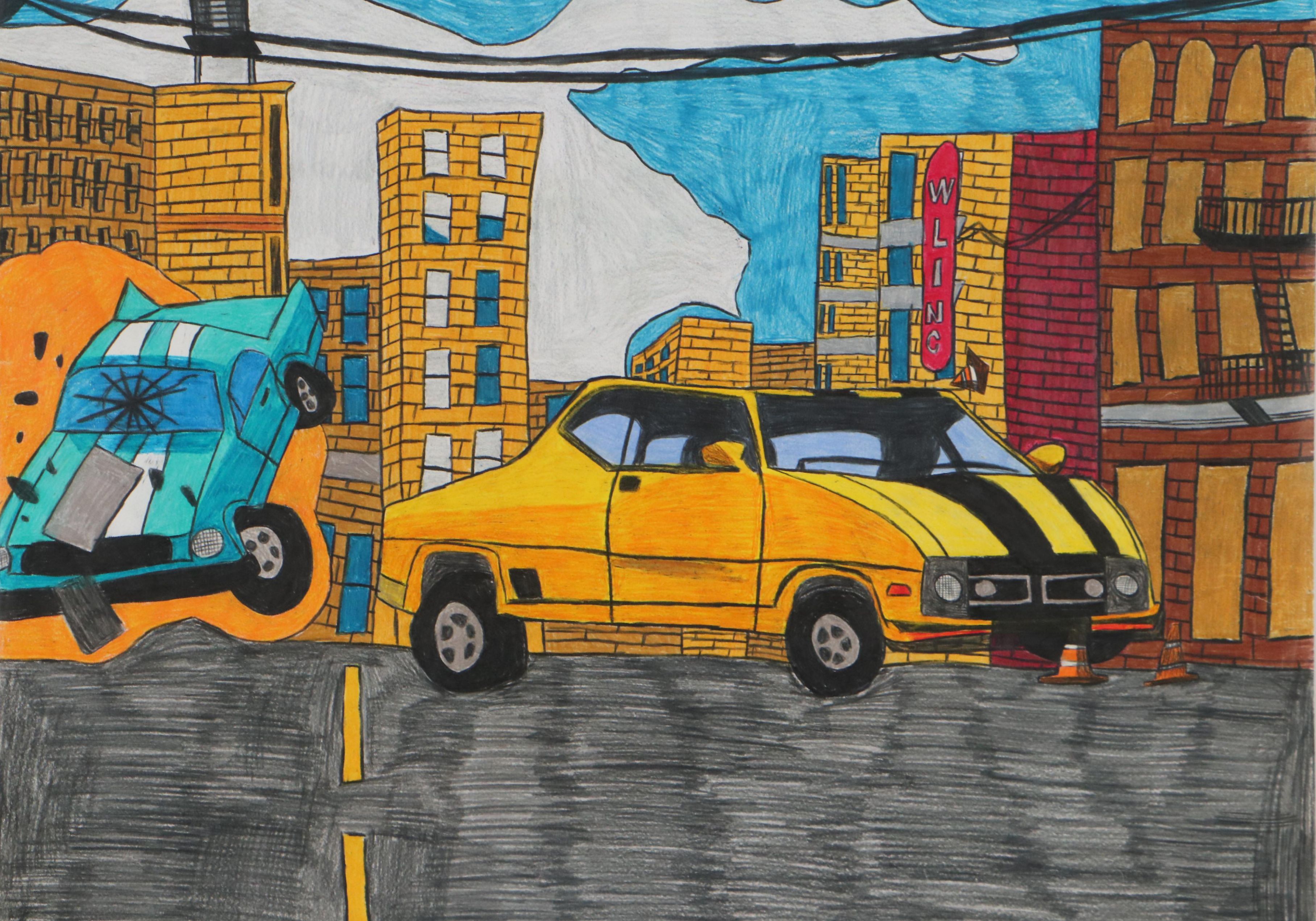 Darien Johnson City Scene Color Pencil Drawing, 21st Century