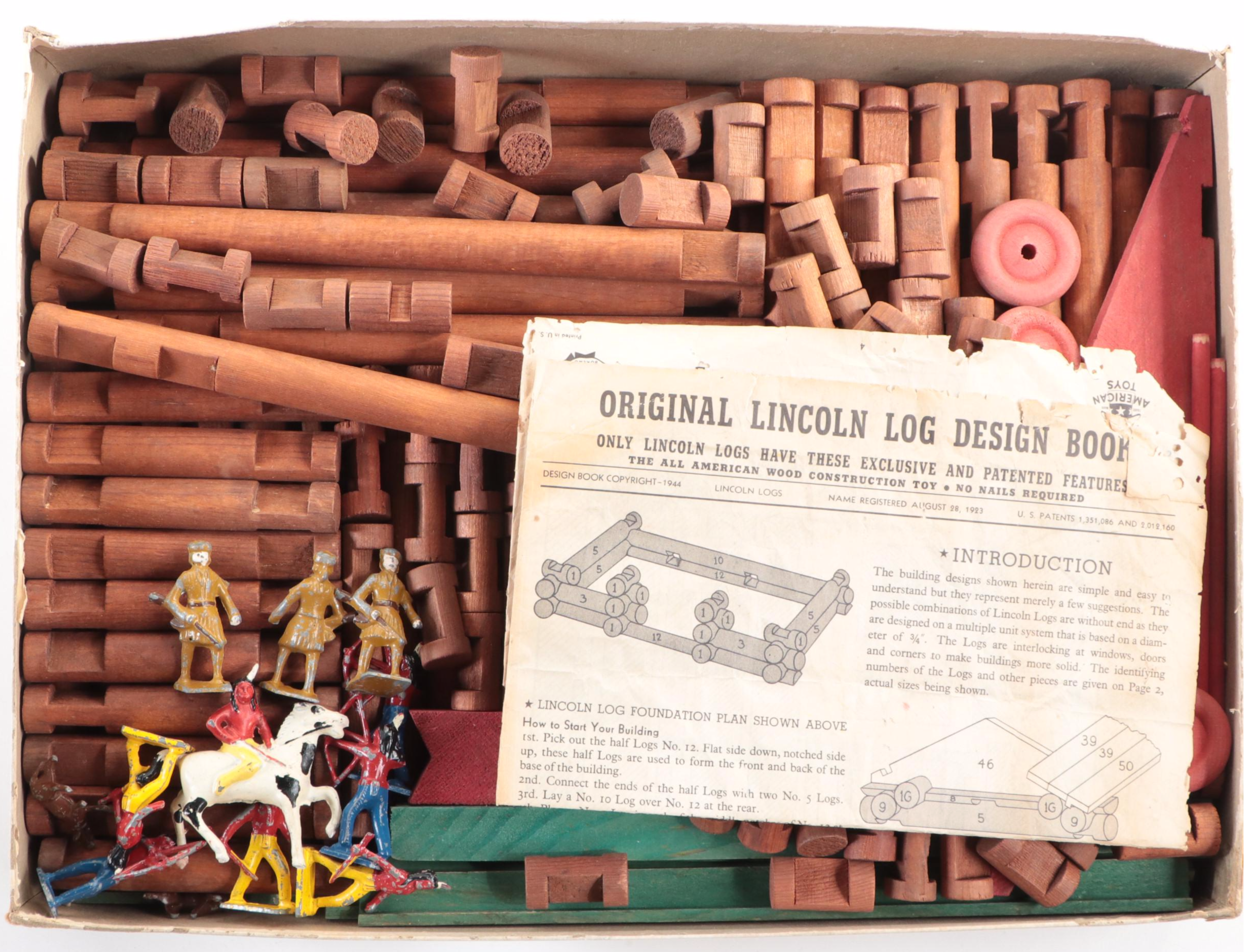Original Lincoln Logs No. 4LF Toy Set with Metal Figures, 1944