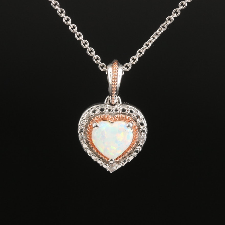 Sterling Opal and Cubic Zirconia Heart Pendant Necklace