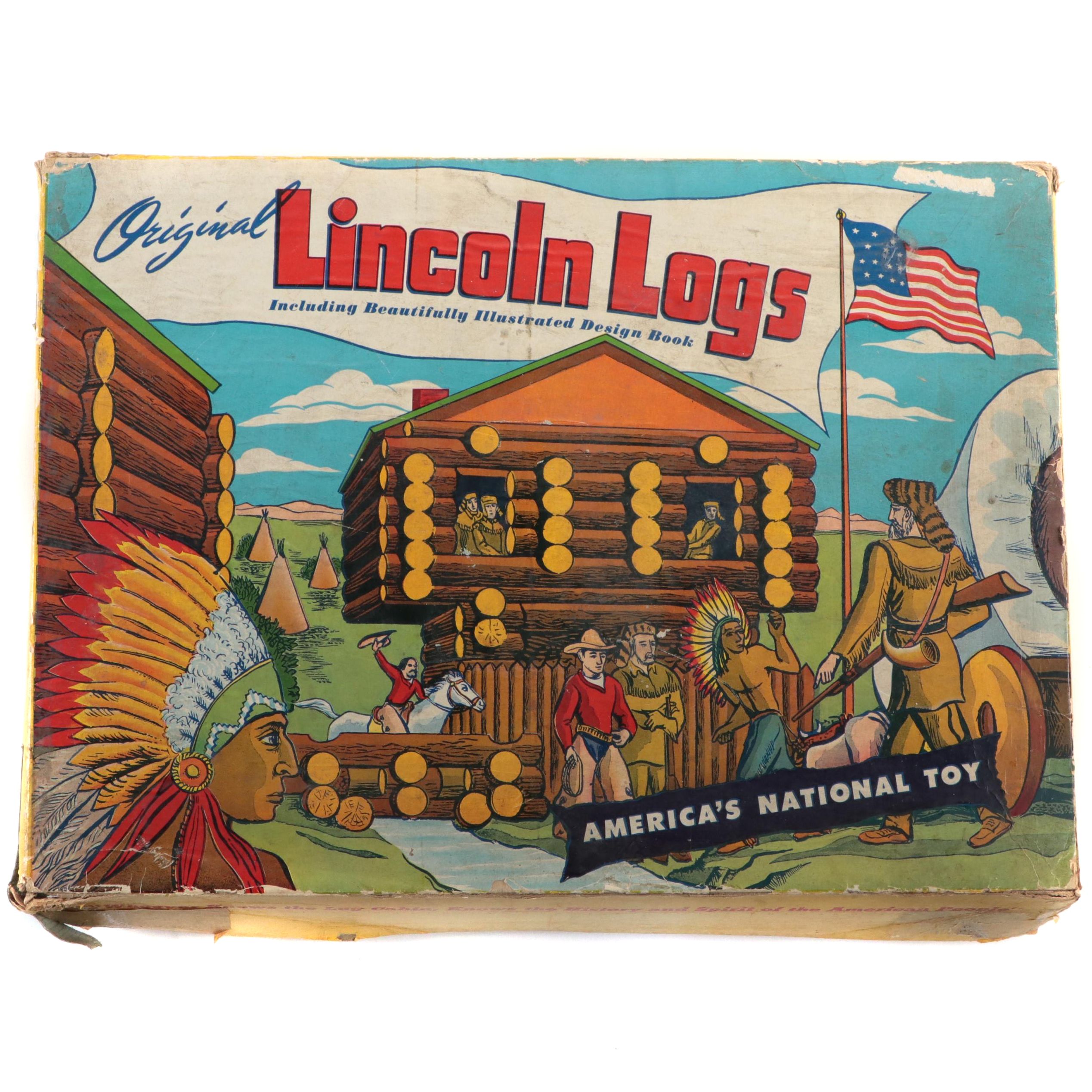 Original Lincoln Logs No. 4LF Toy Set with Metal Figures, 1944
