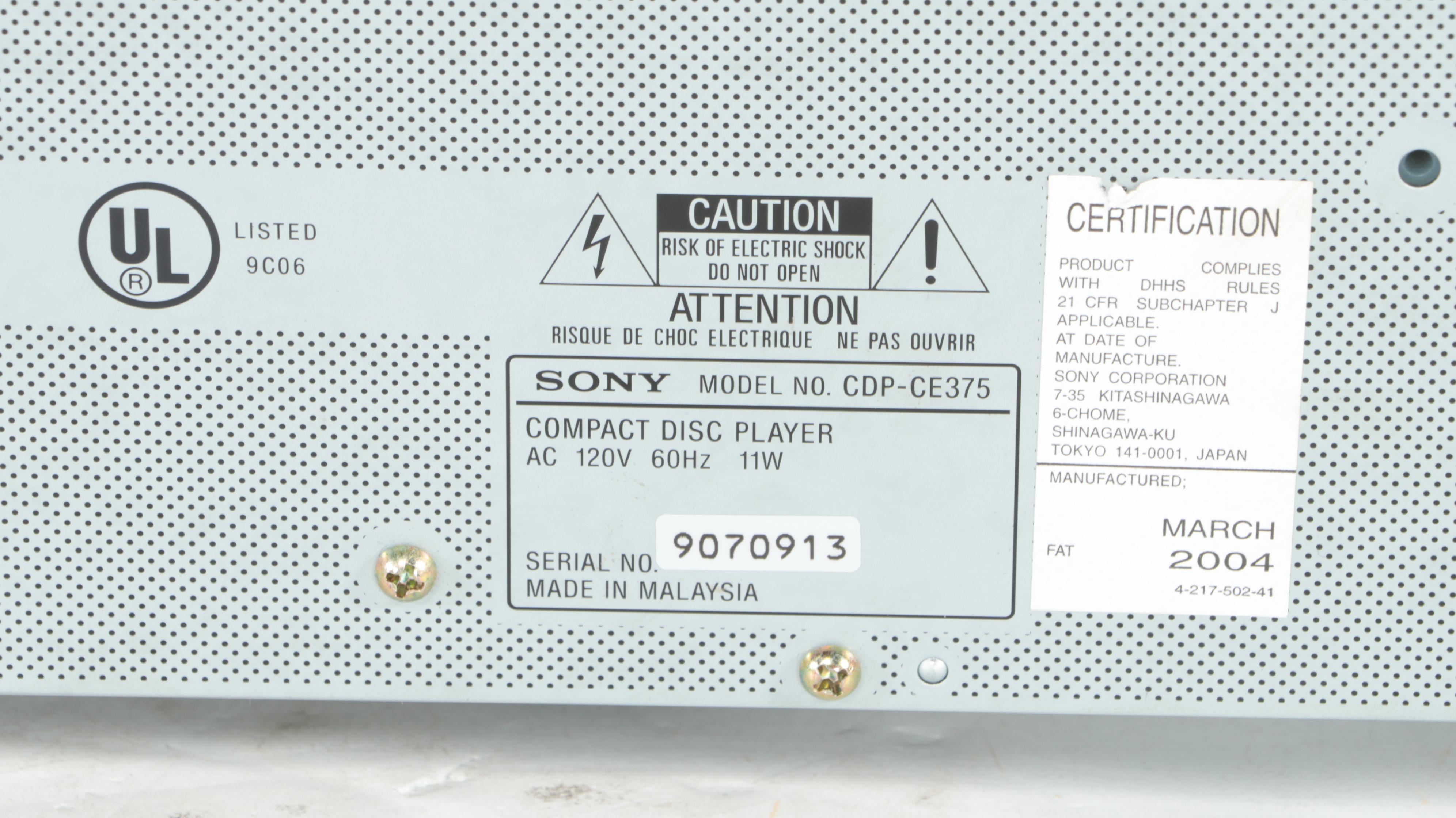 Sony CDP-CE375 CD Player, Cassette Deck, AM/FM Tuner and Stereo Amplifier