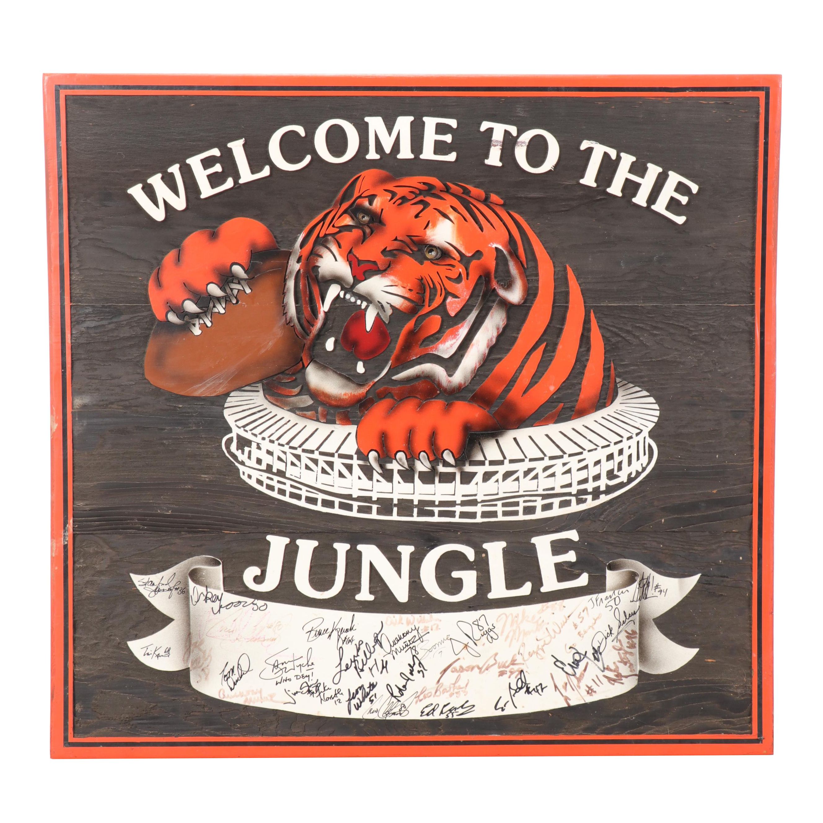 1980s Cincinnati Bengals "Welcome To The Jungle" Signed Custom Wood Sign