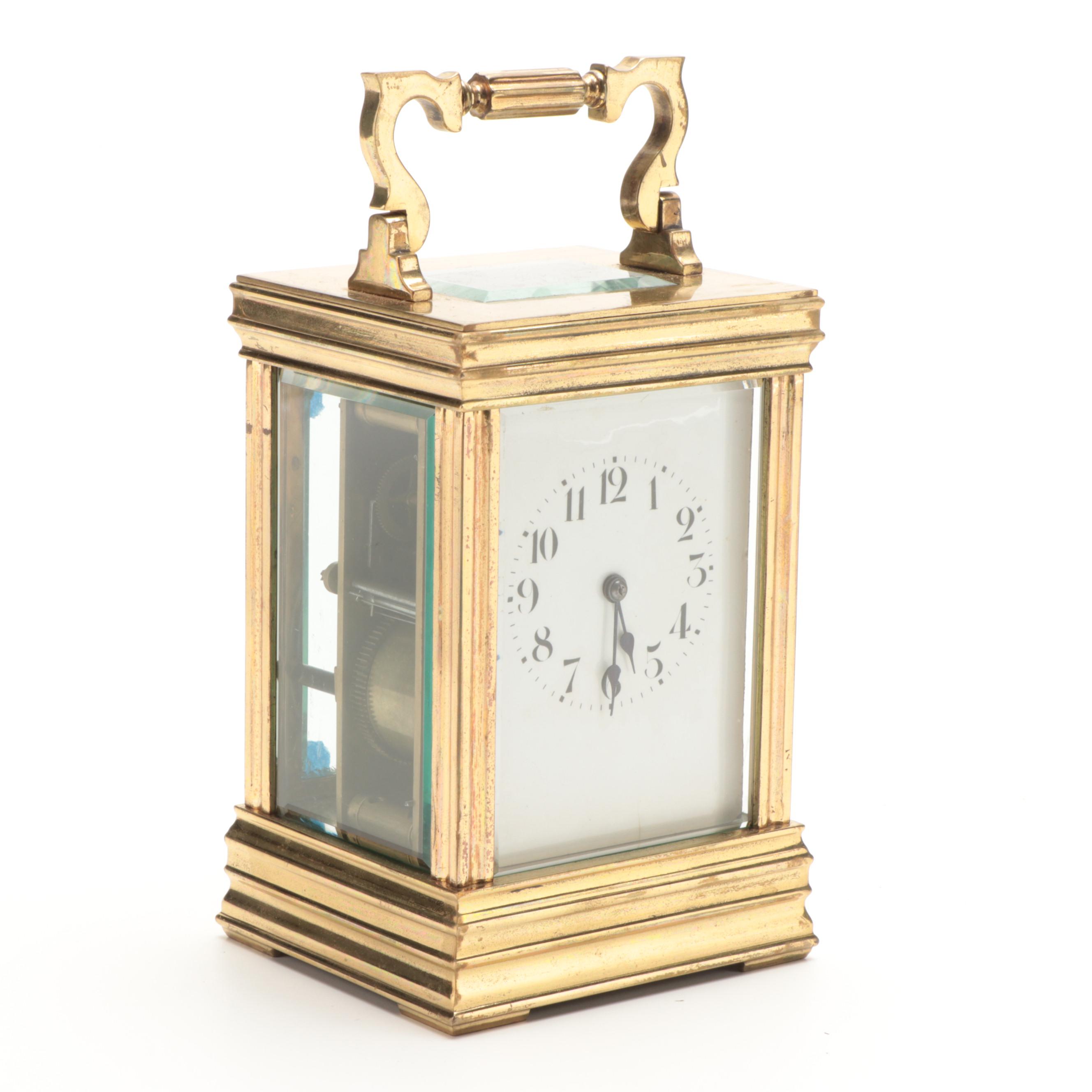 French Brass and Beveled Glass, Carriage Clock, Late 19th/Early 20th Century