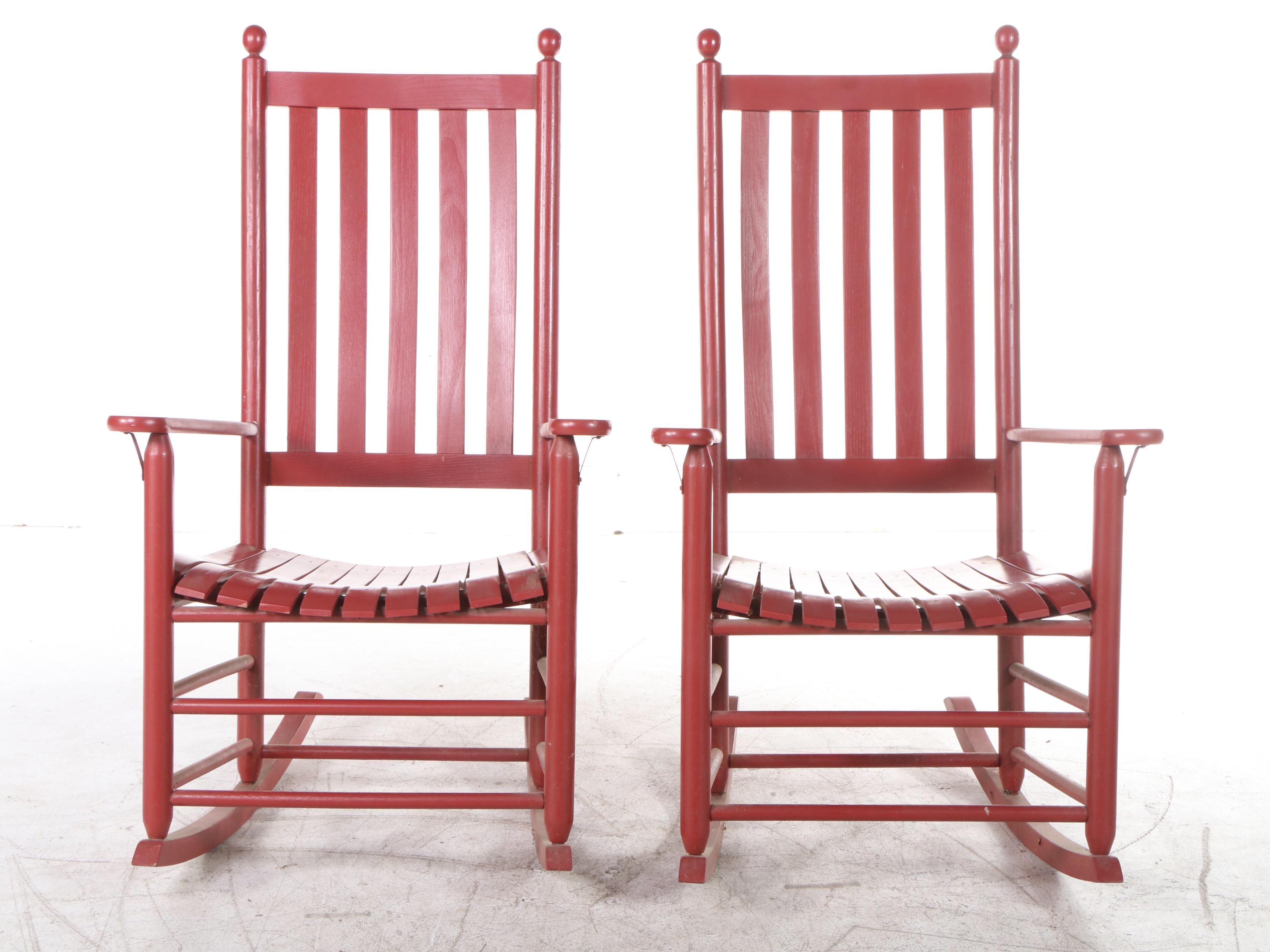 Pair of Red Painted Wood Slat Back Rocking Chairs