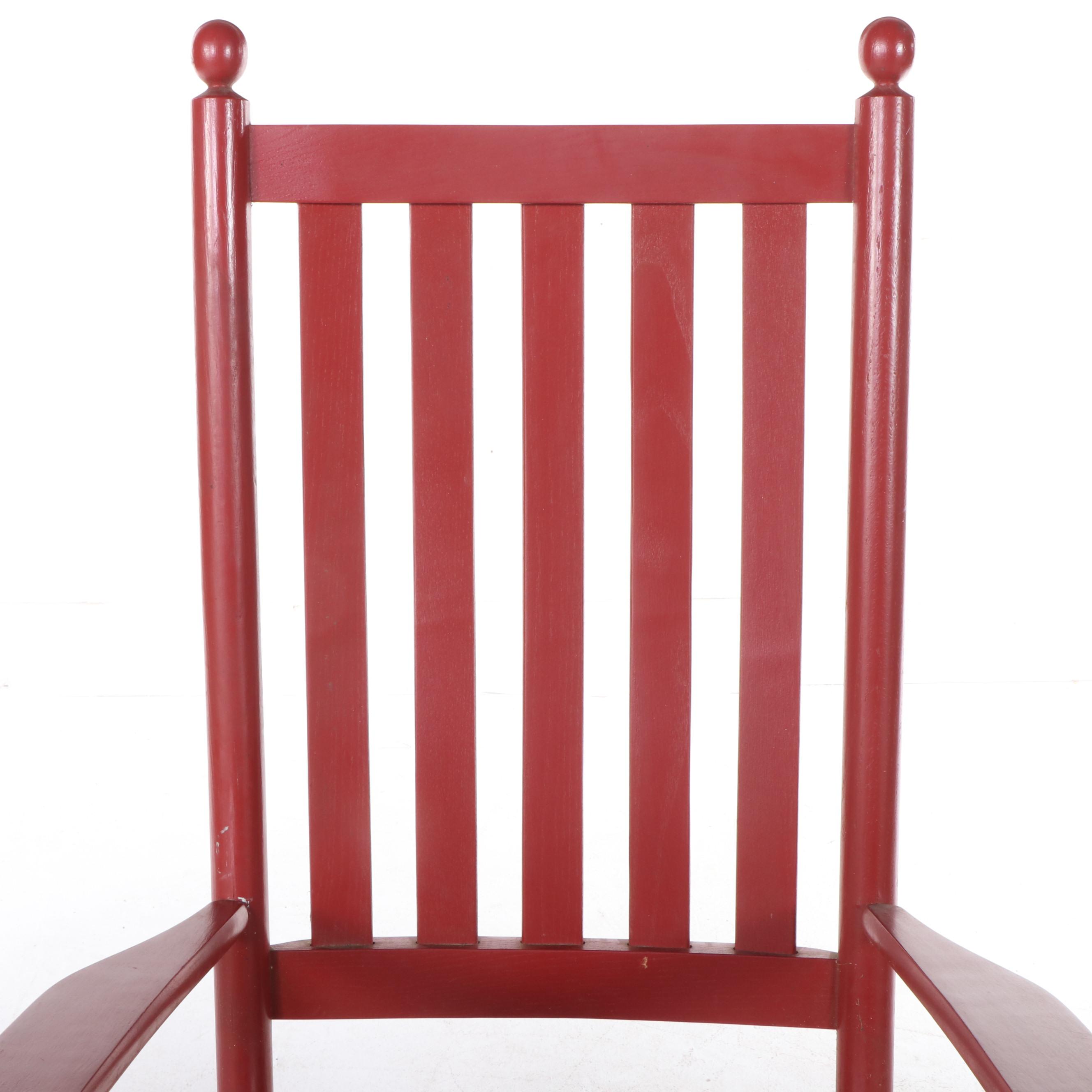 Pair of Red Painted Wood Slat Back Rocking Chairs