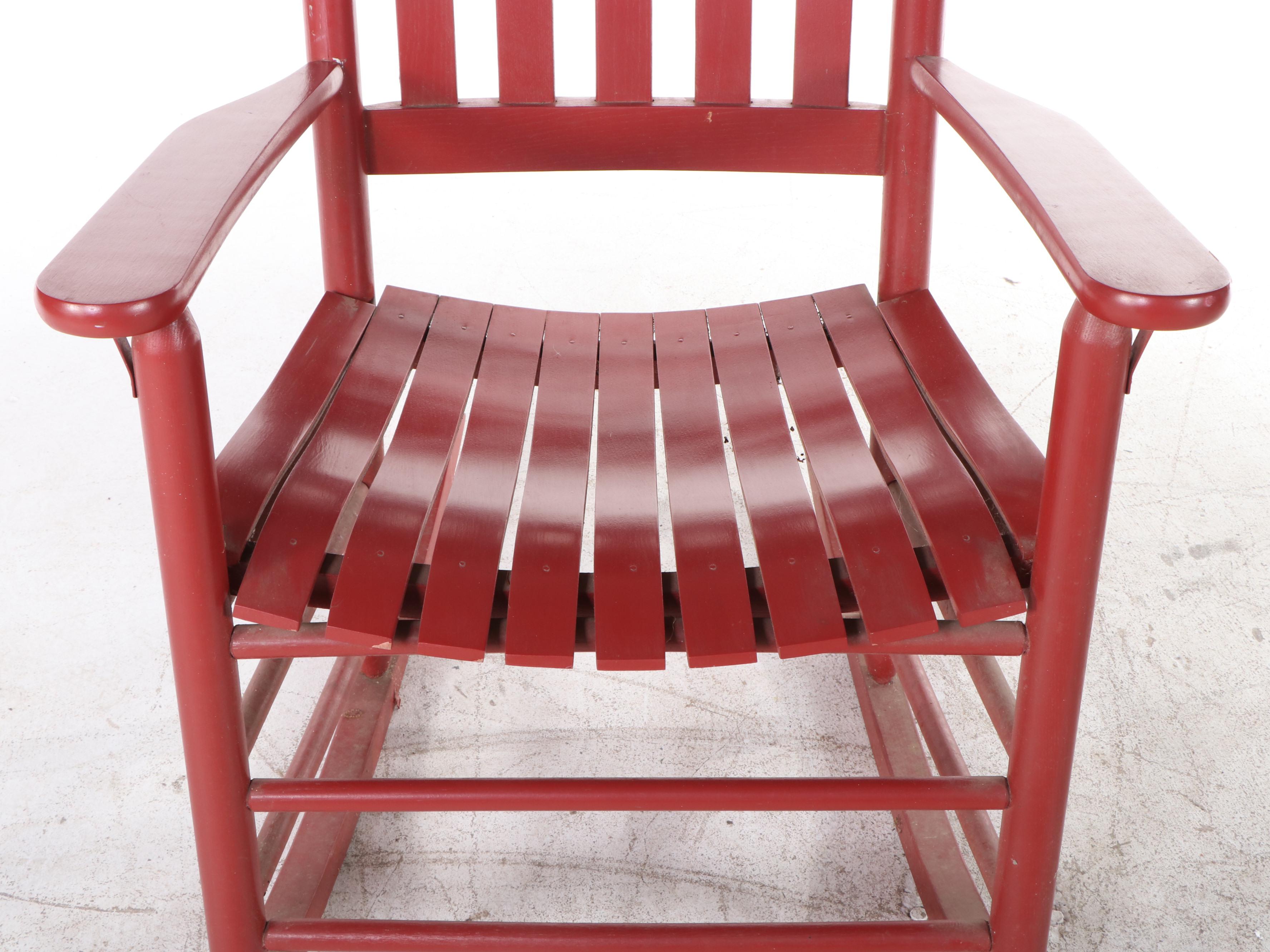 Pair of Red Painted Wood Slat Back Rocking Chairs