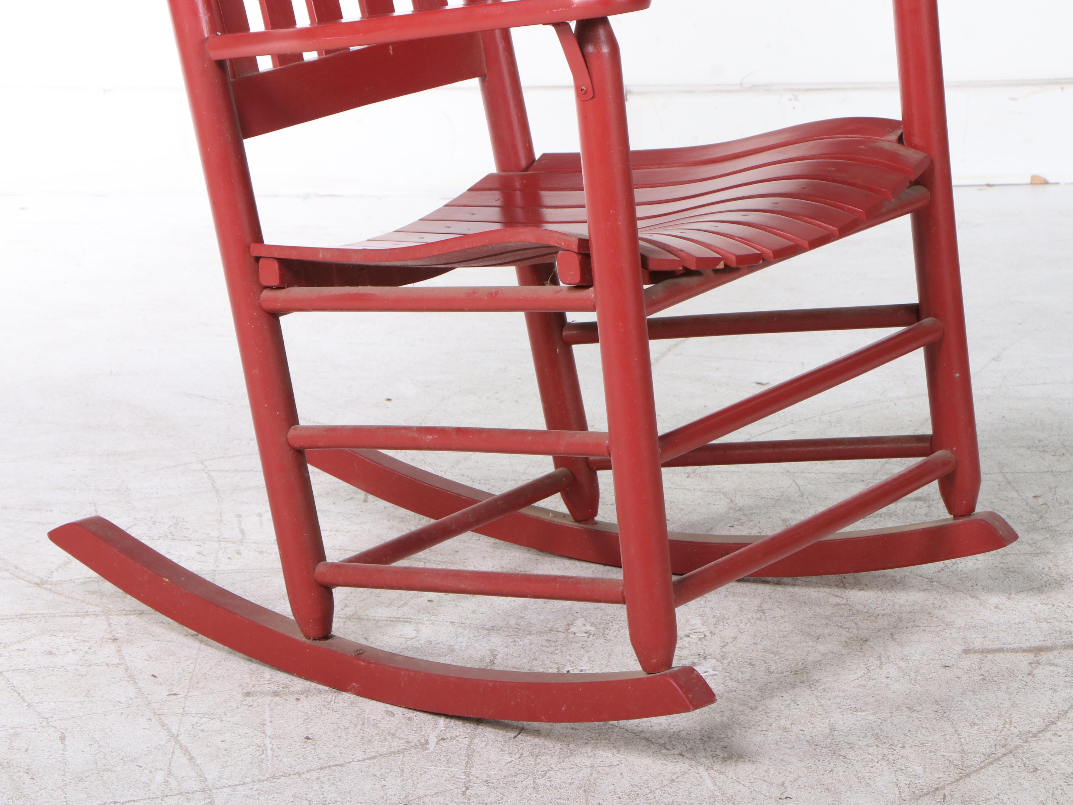 Pair of Red Painted Wood Slat Back Rocking Chairs
