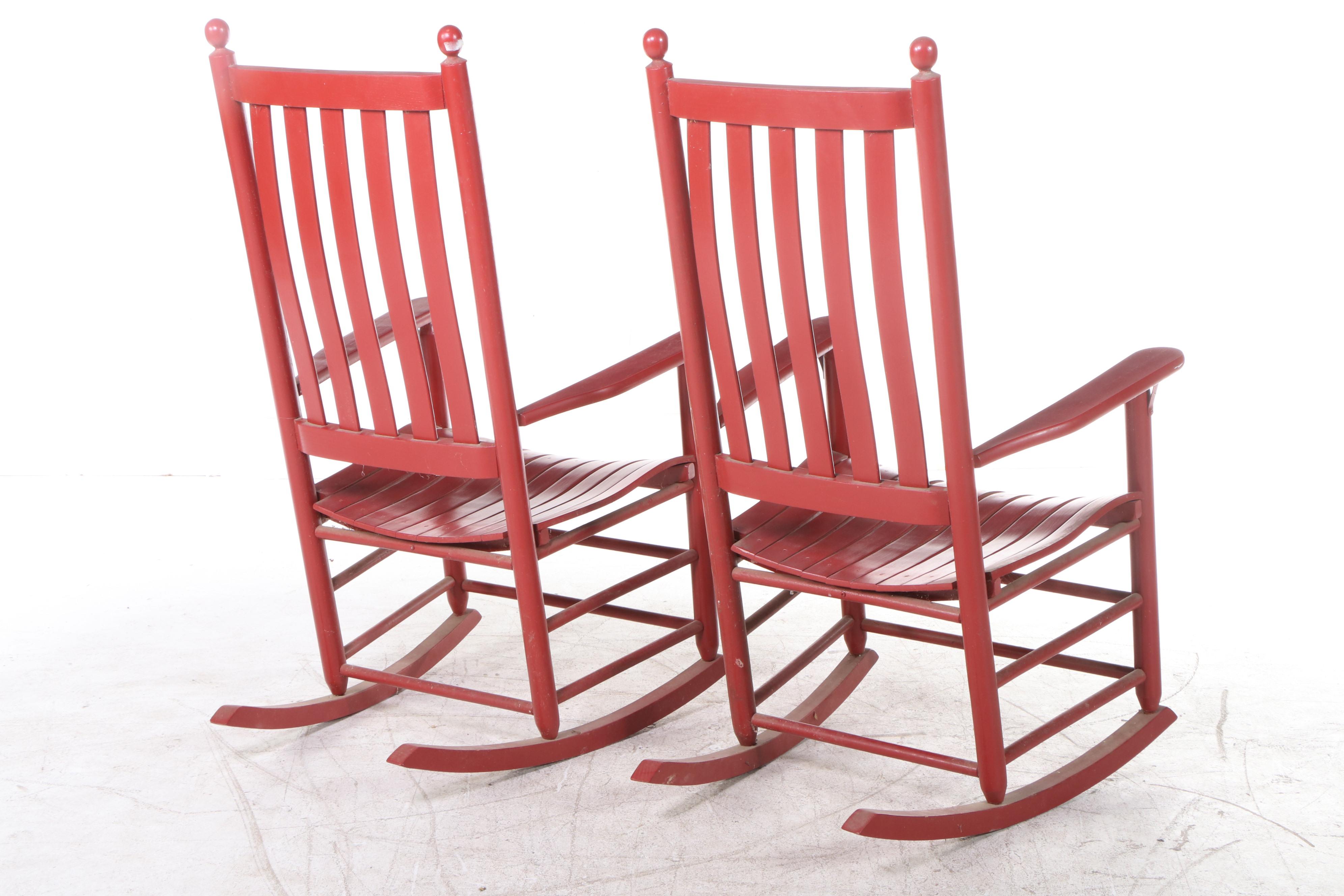 Pair of Red Painted Wood Slat Back Rocking Chairs