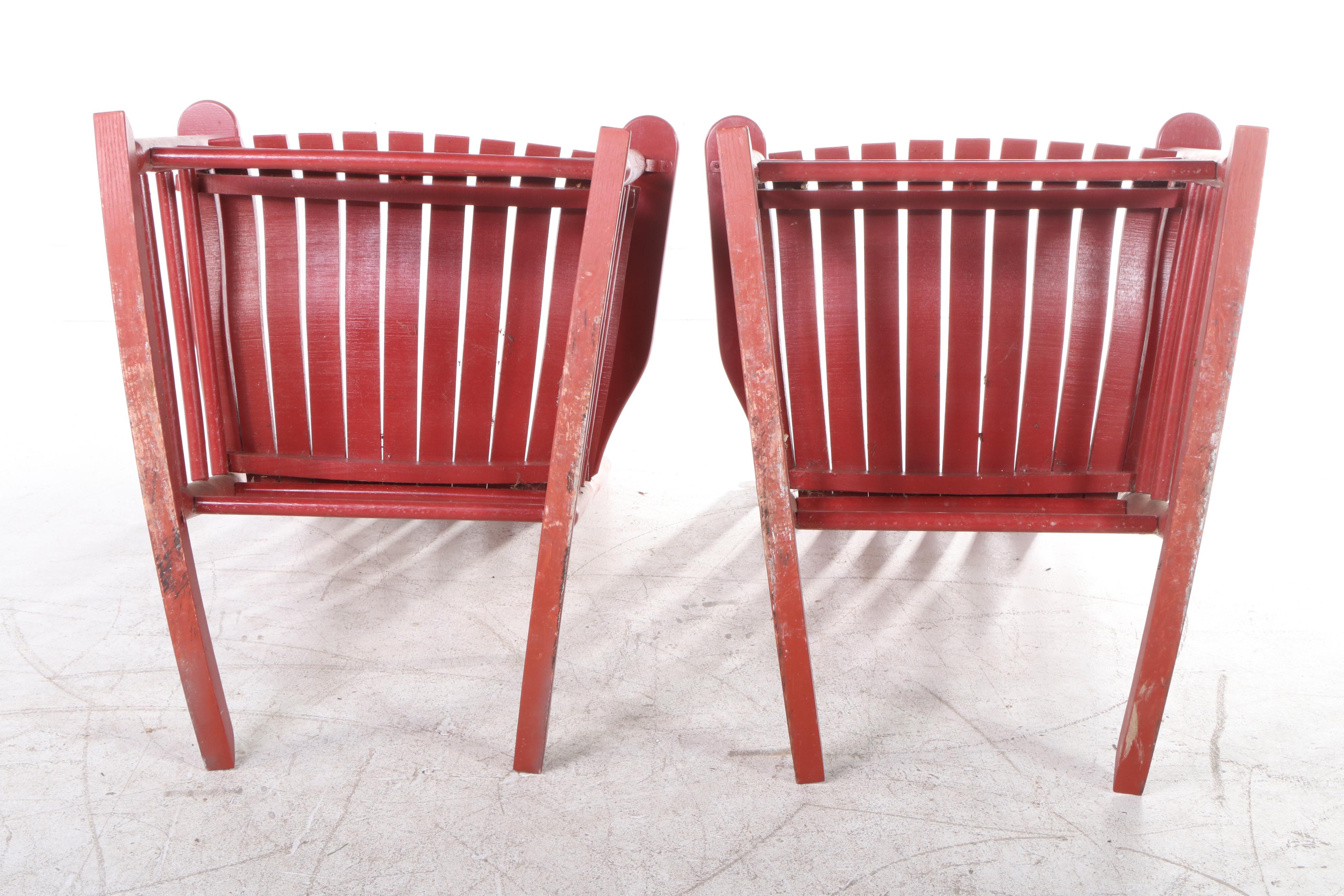 Pair of Red Painted Wood Slat Back Rocking Chairs