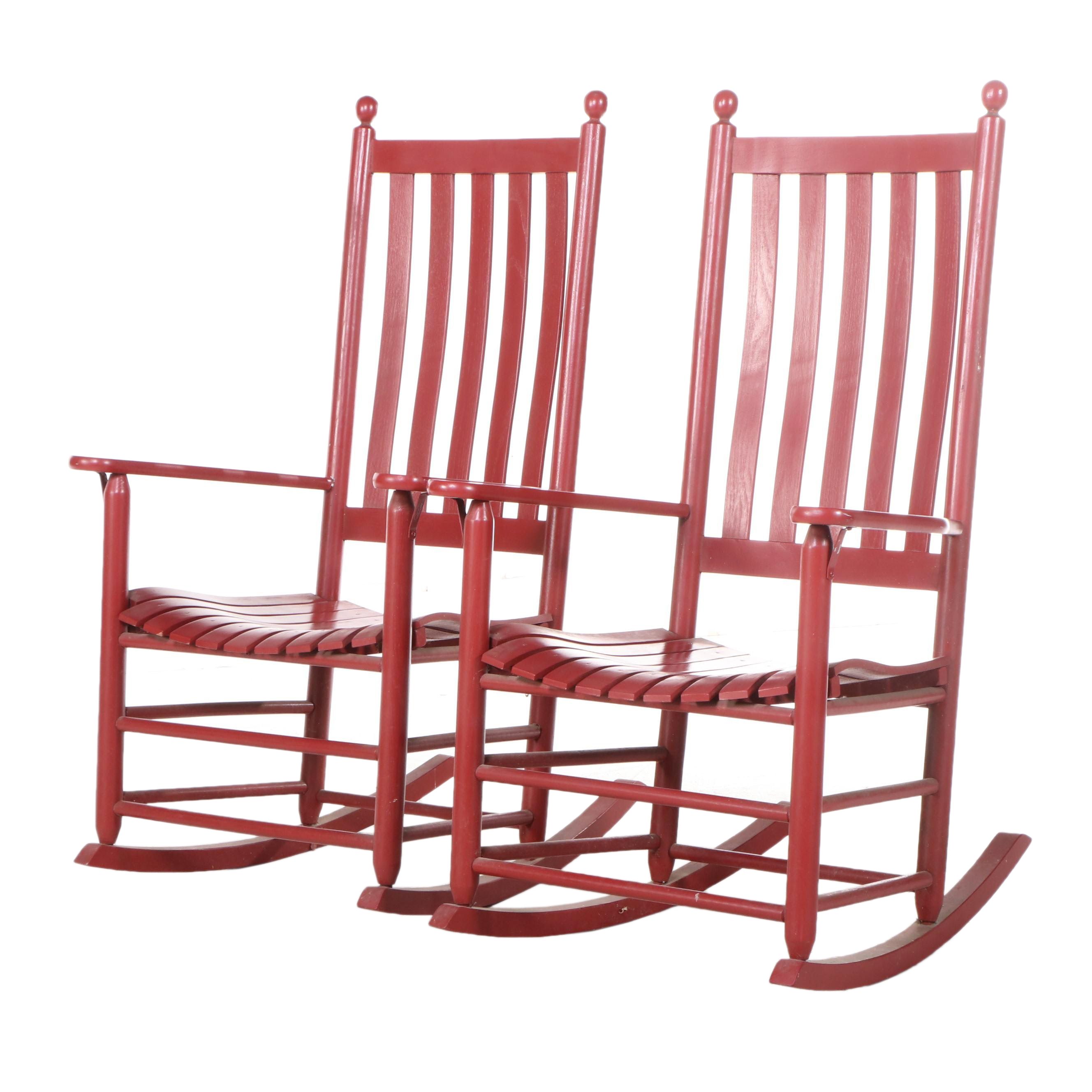 Pair of Red Painted Wood Slat Back Rocking Chairs