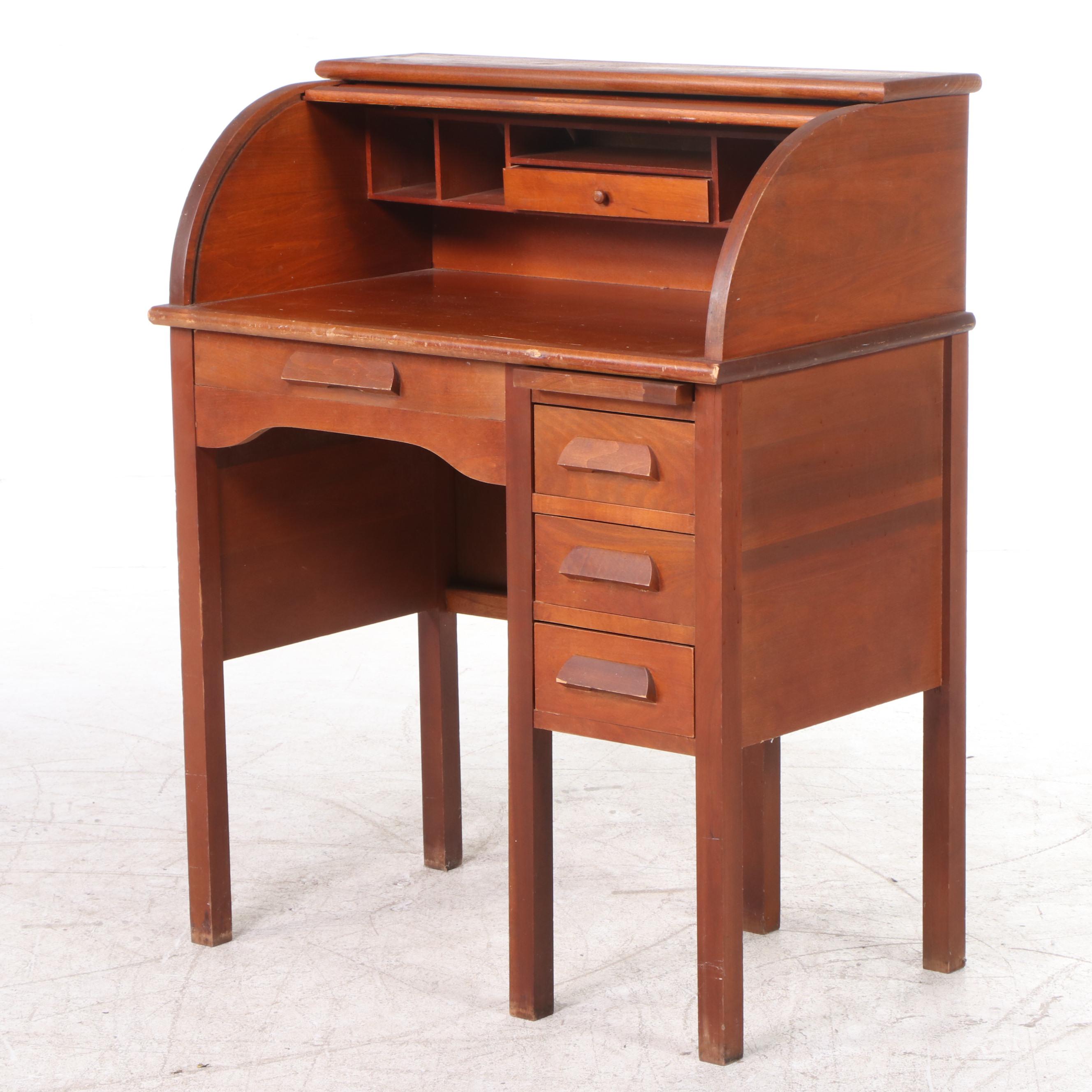 Child's Birch Tambour Roll-Top Desk with Chair