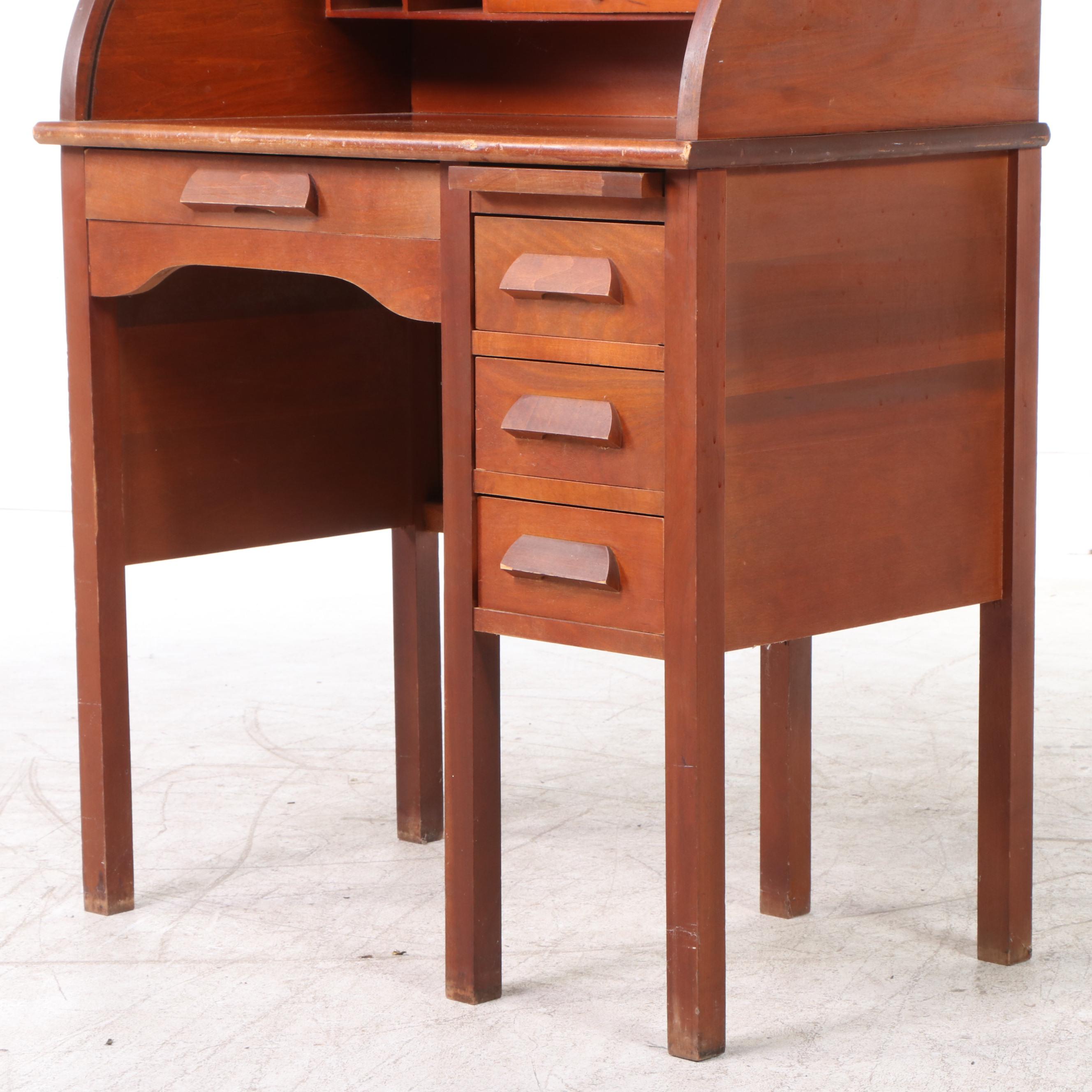 Child's Birch Tambour Roll-Top Desk with Chair