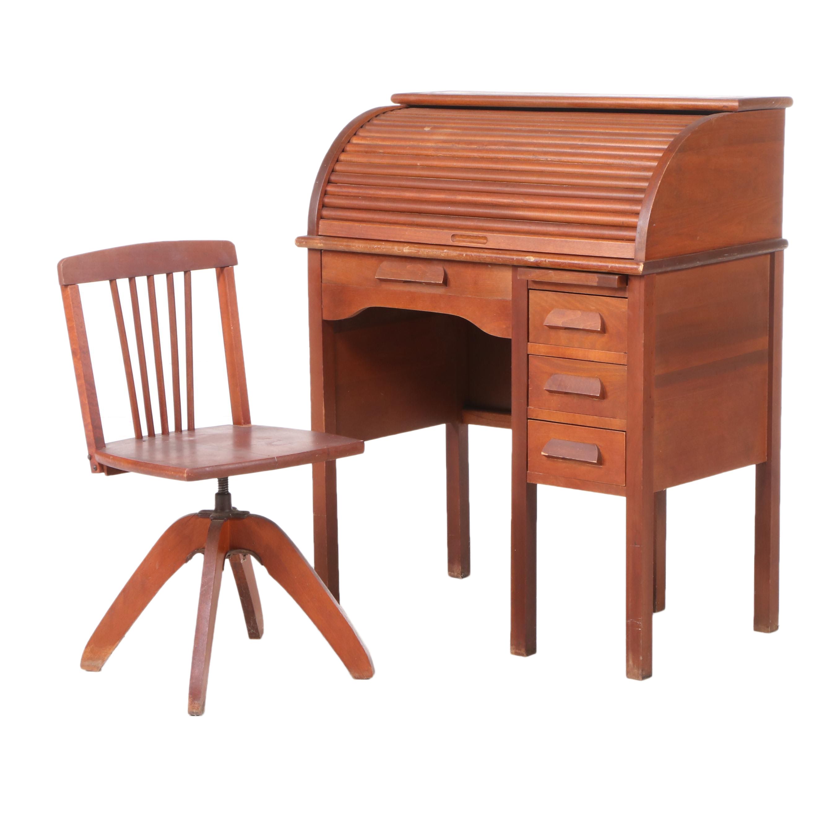 Child's Birch Tambour Roll-Top Desk with Chair