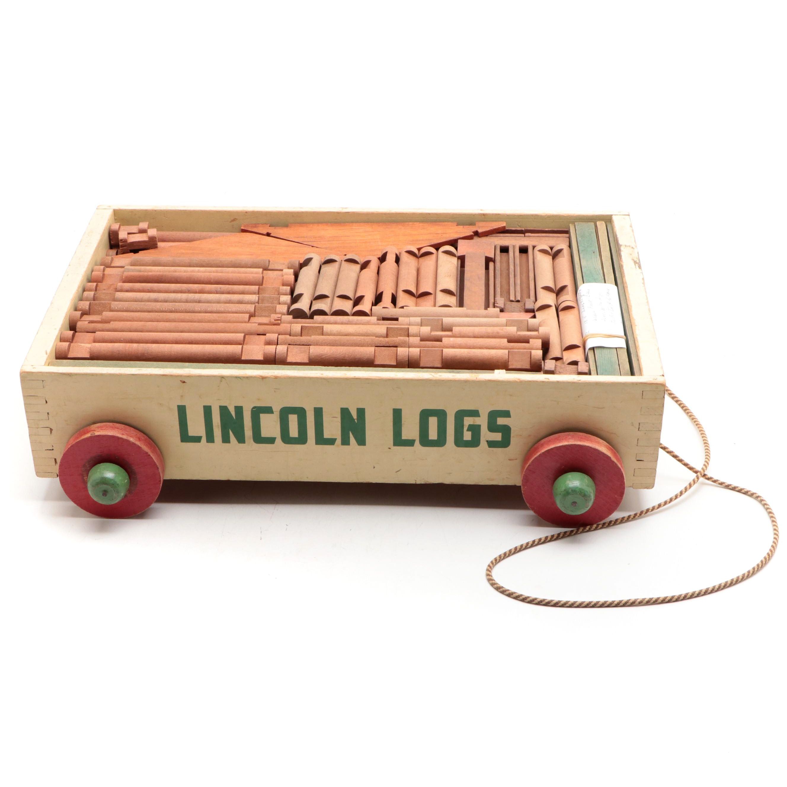 Original Lincoln Logs Toy Set and Wagon, Mid-20th Century