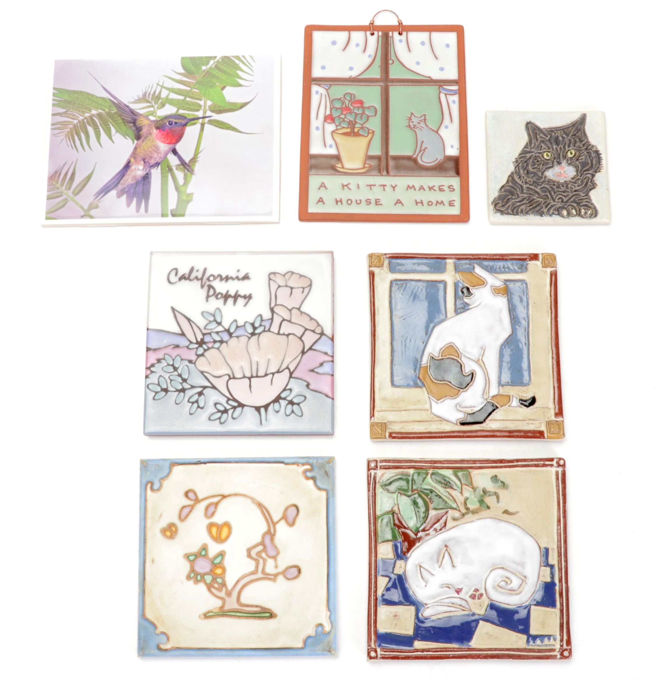 Cat and Botanical Themed Glazed Earthenware Tiles Including Mudpi and Kate Lally
