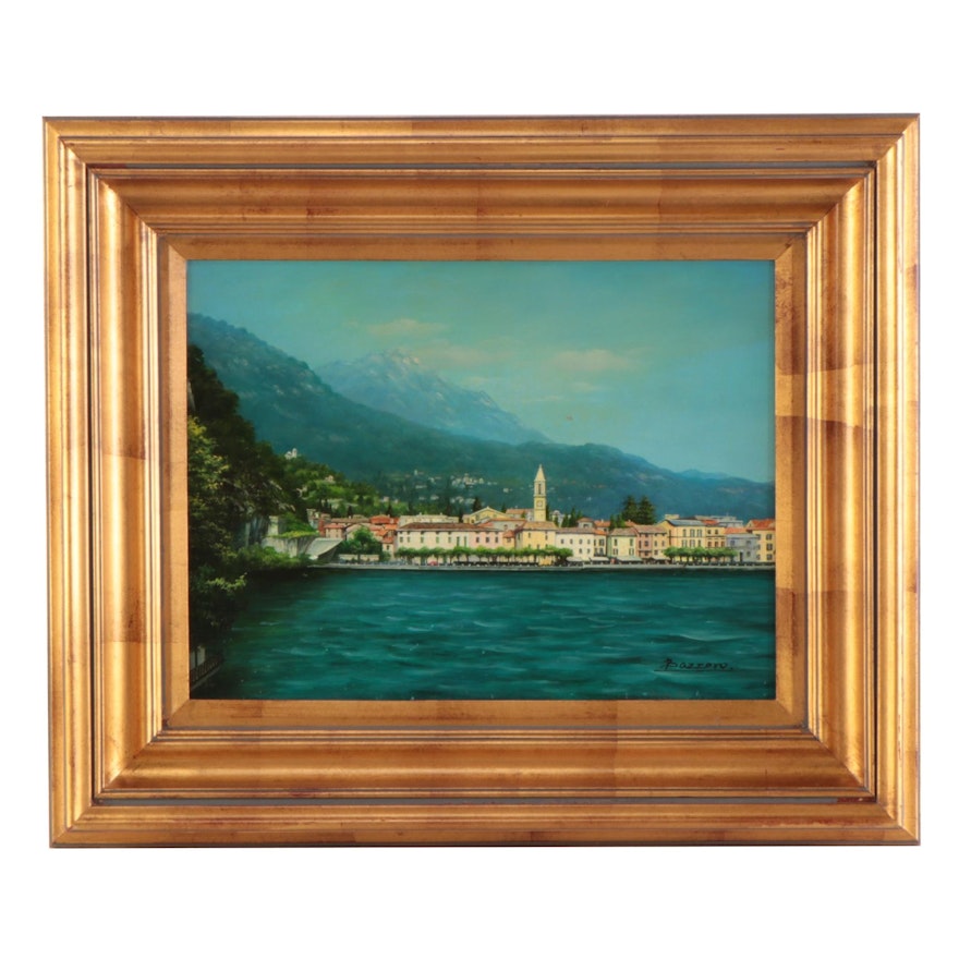 Bazzaro Coastal Landscape Oil Painting of Bellagio, Italy, Late 20th Century