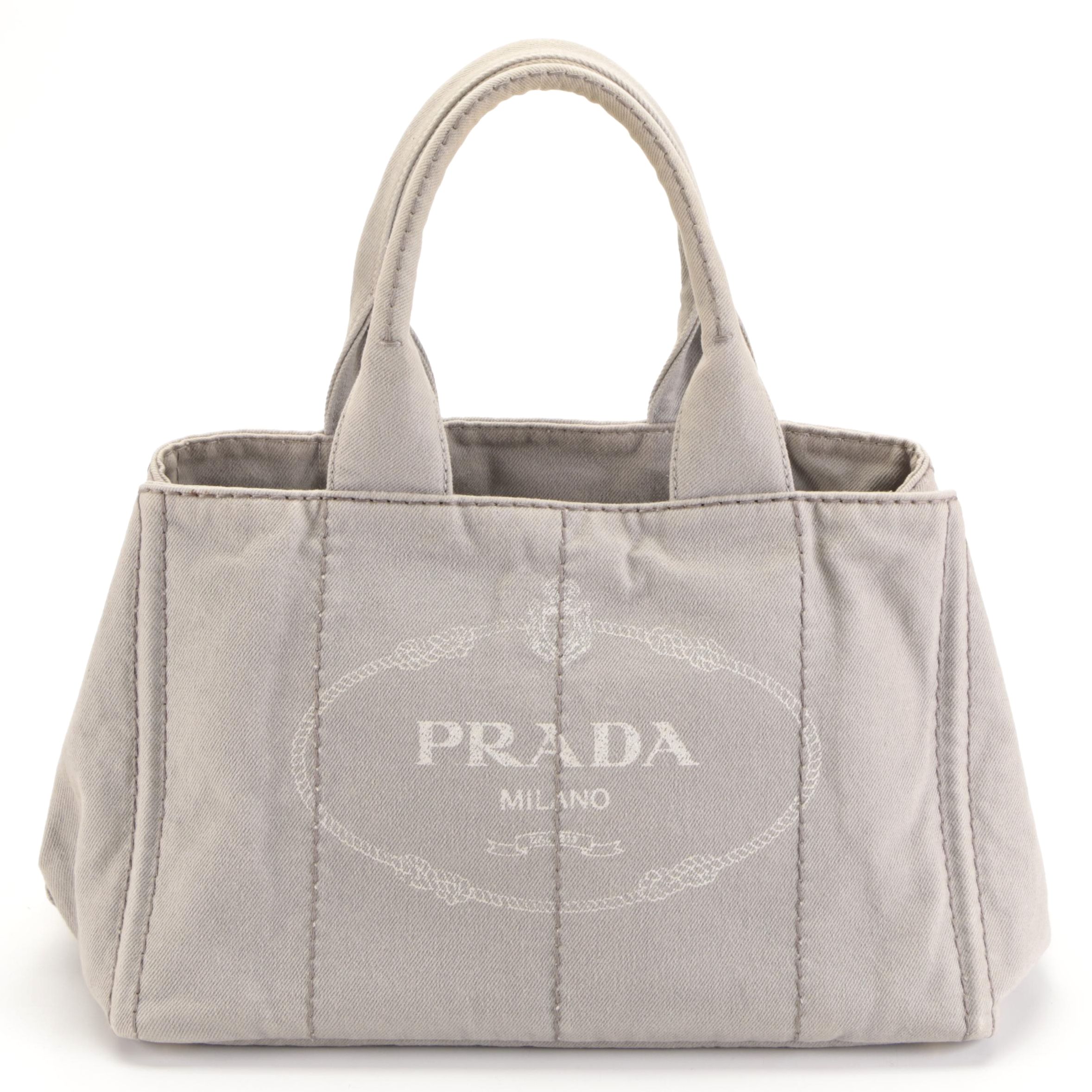 Prada Medium Canapa Logo Tote in Grey/White