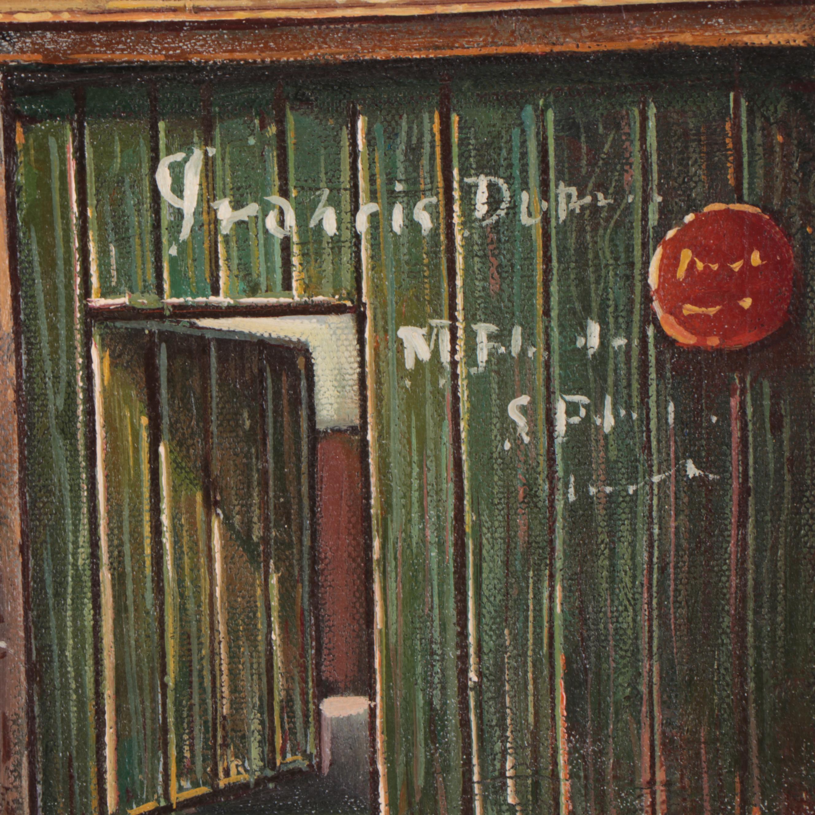 Thomas Pike Oil Painting of Village Storefronts, Late 20th Century