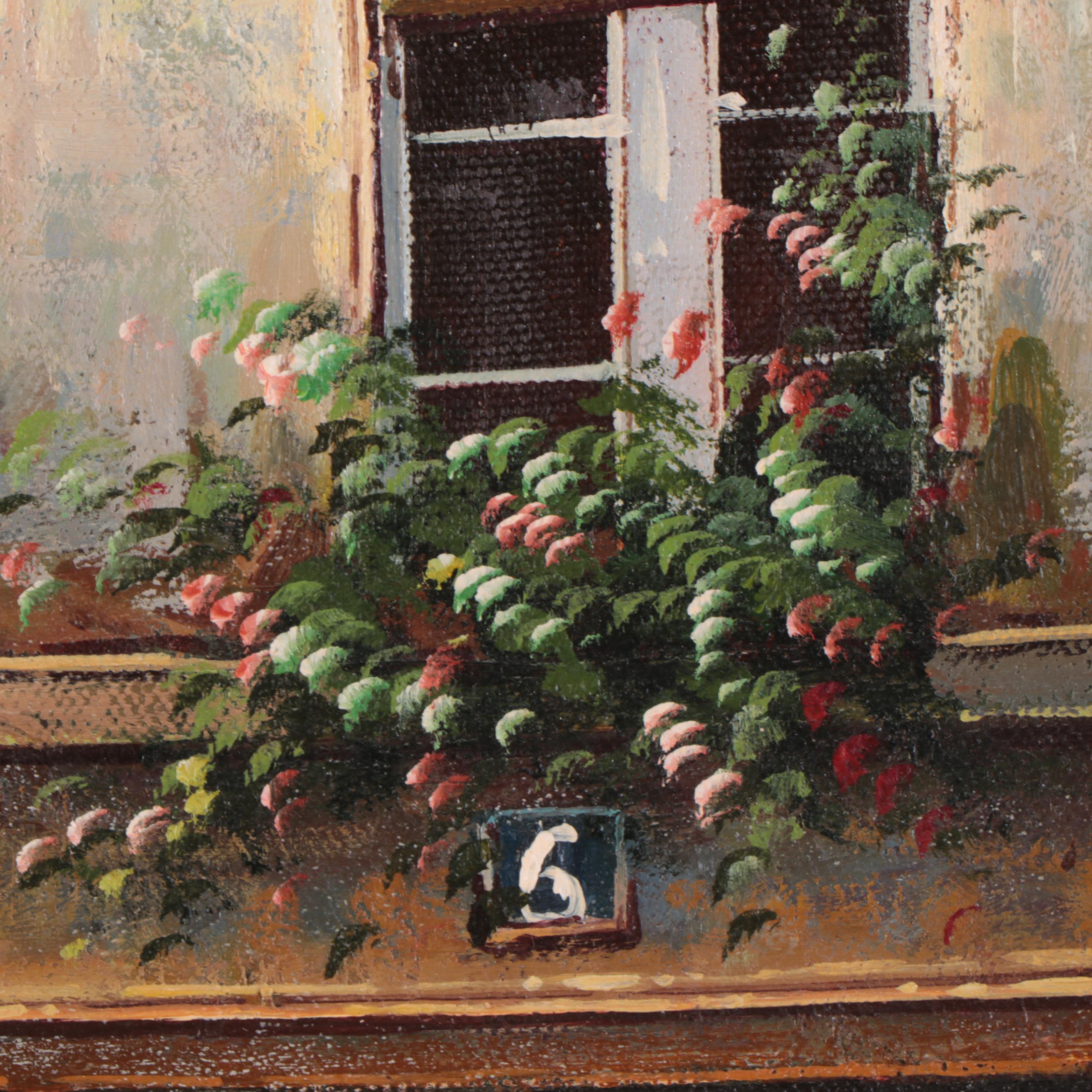 Thomas Pike Oil Painting of Village Storefronts, Late 20th Century