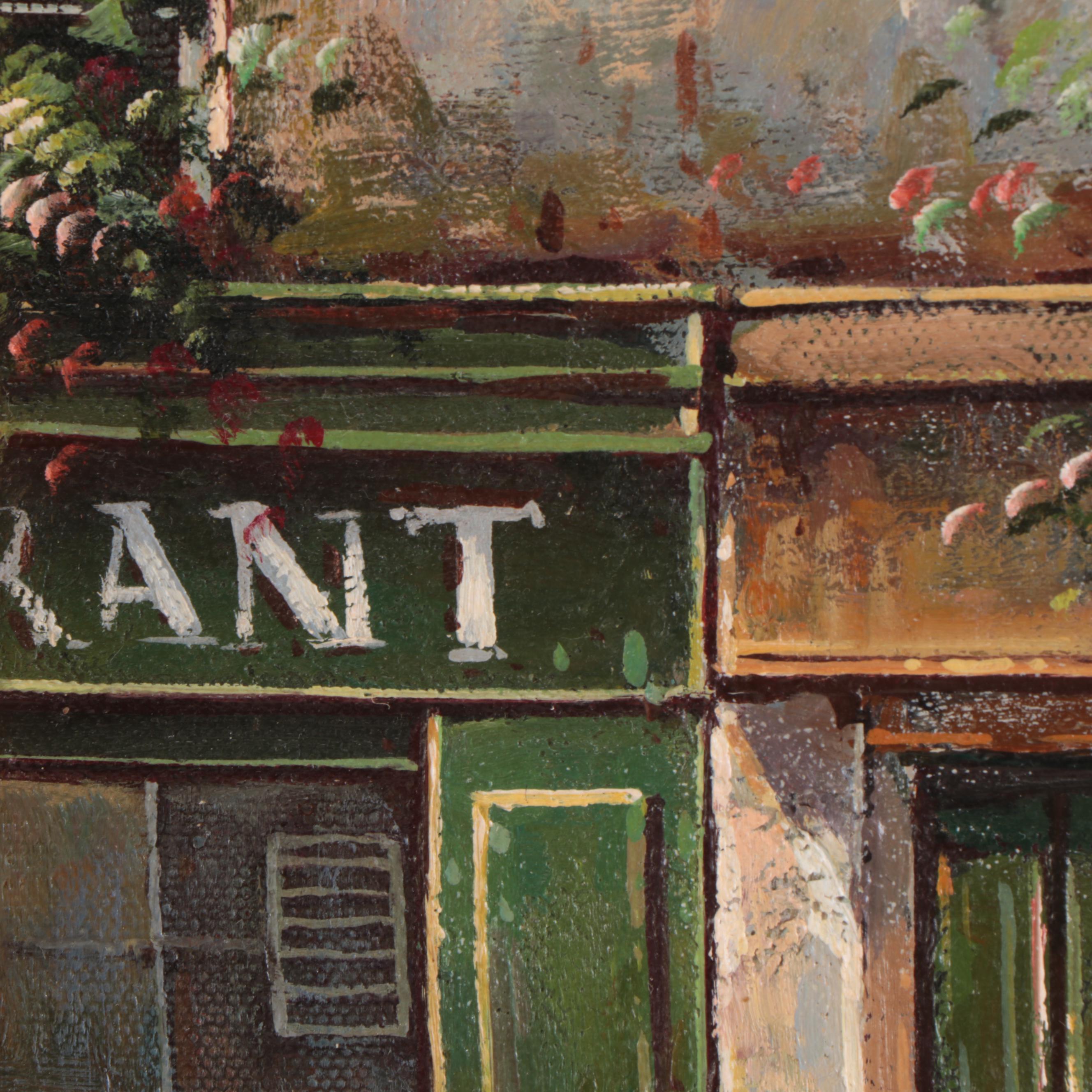 Thomas Pike Oil Painting of Village Storefronts, Late 20th Century