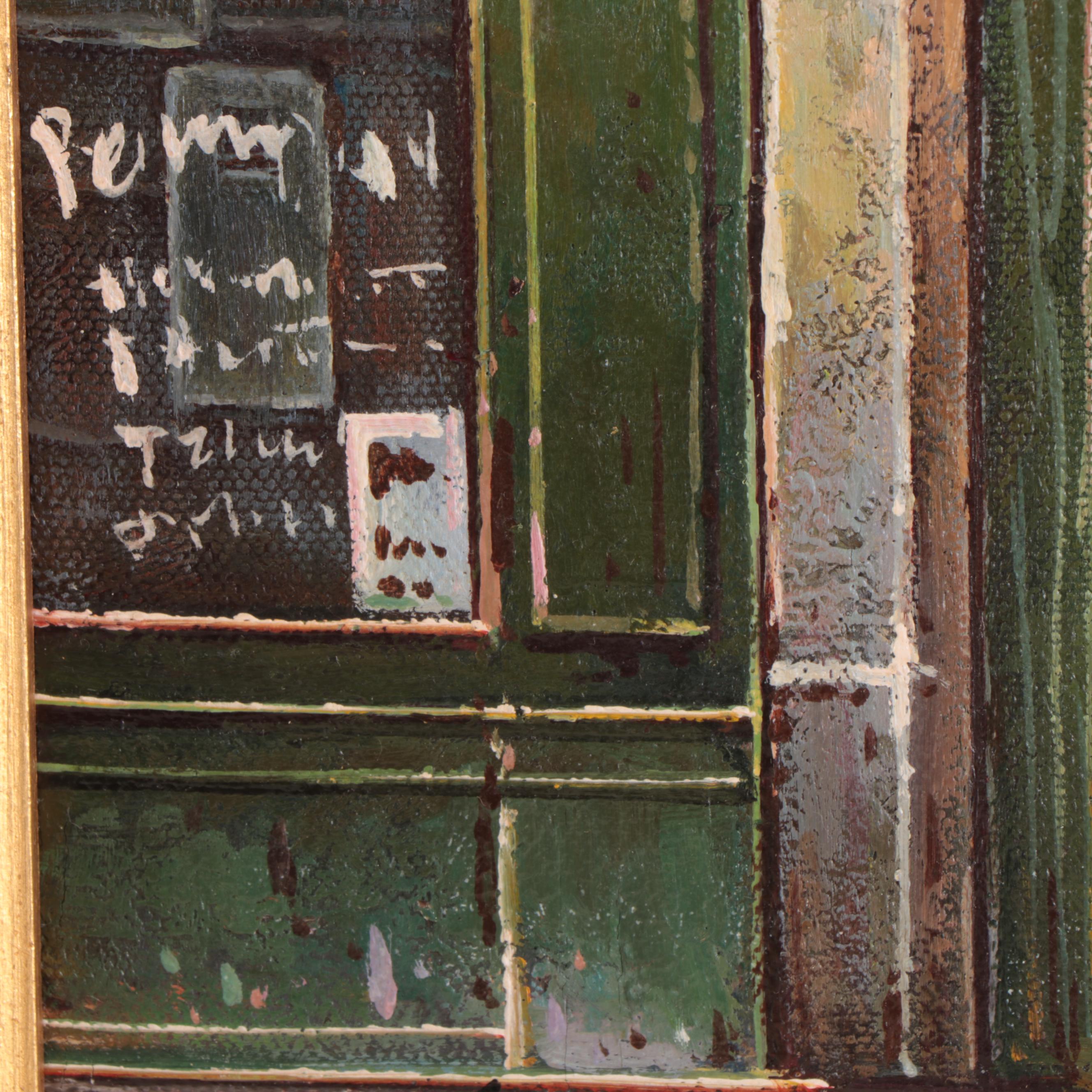 Thomas Pike Oil Painting of Village Storefronts, Late 20th Century