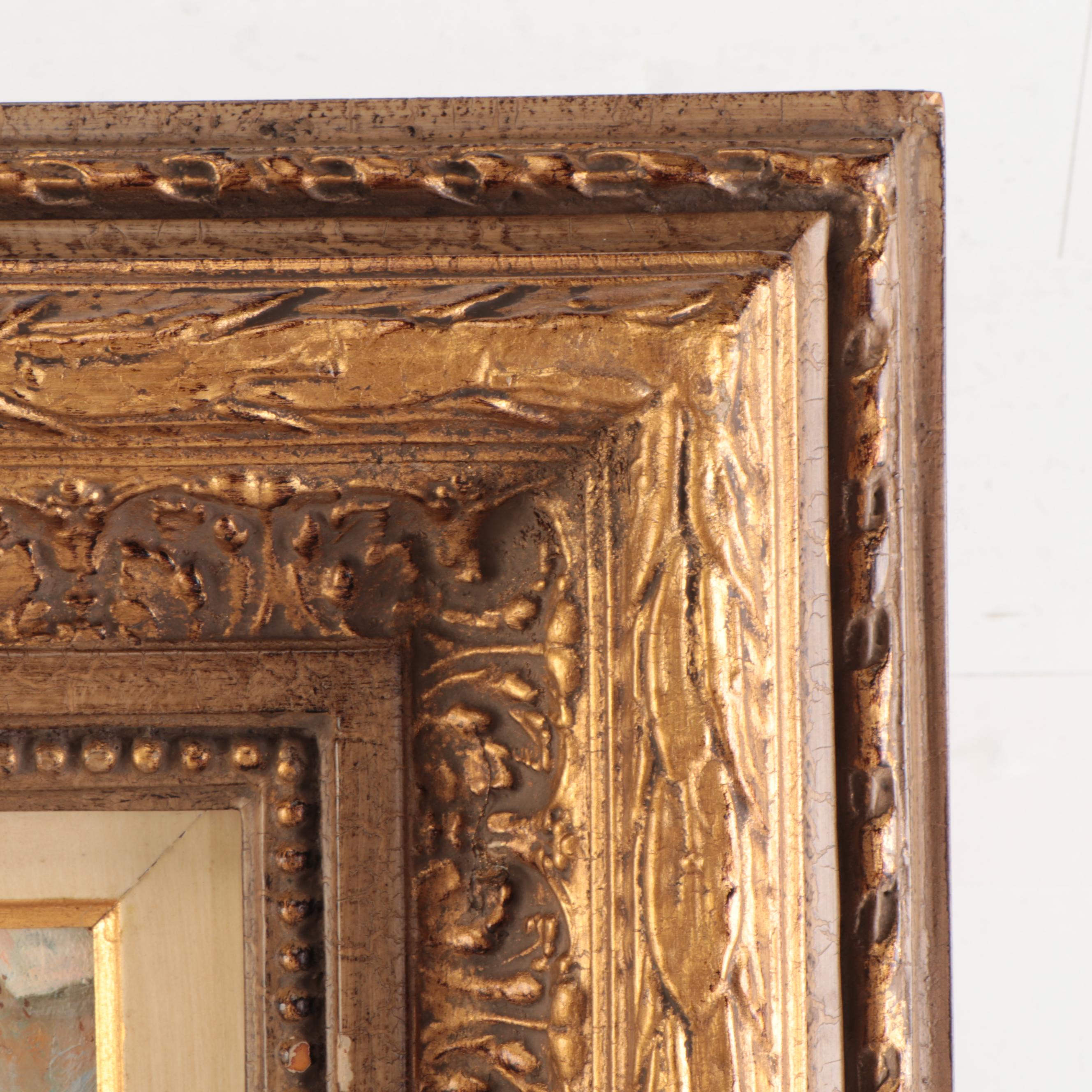 Thomas Pike Oil Painting of Village Storefronts, Late 20th Century