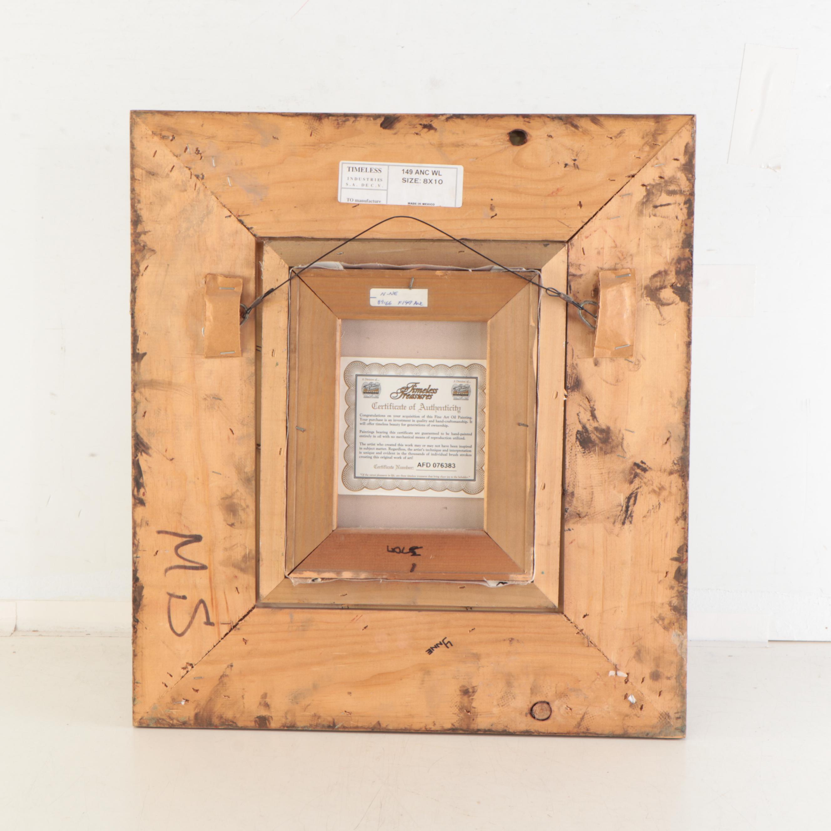 Thomas Pike Oil Painting of Village Storefronts, Late 20th Century