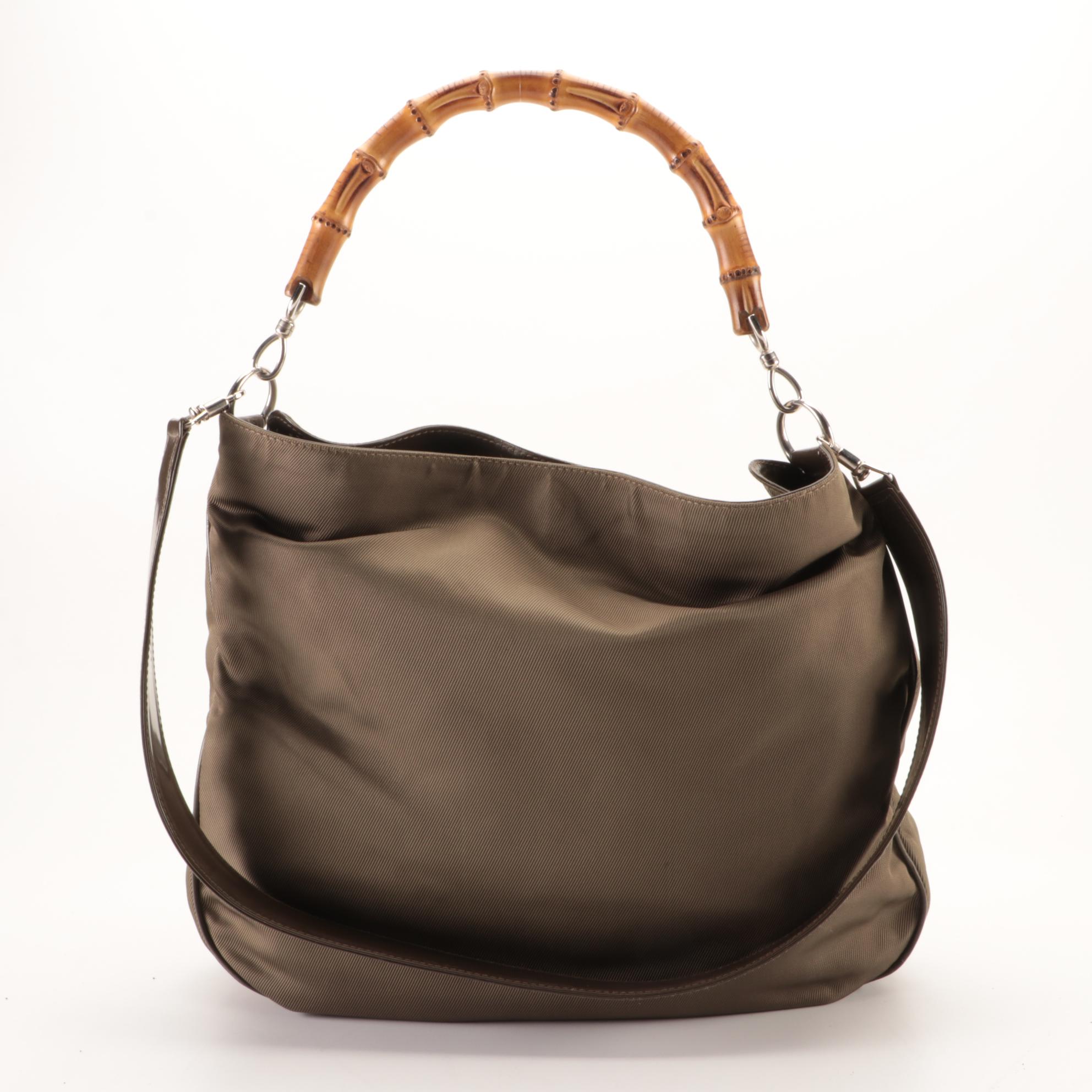 Gucci Bamboo Two-Way Shoulder Bag in Olive Nylon and Leather