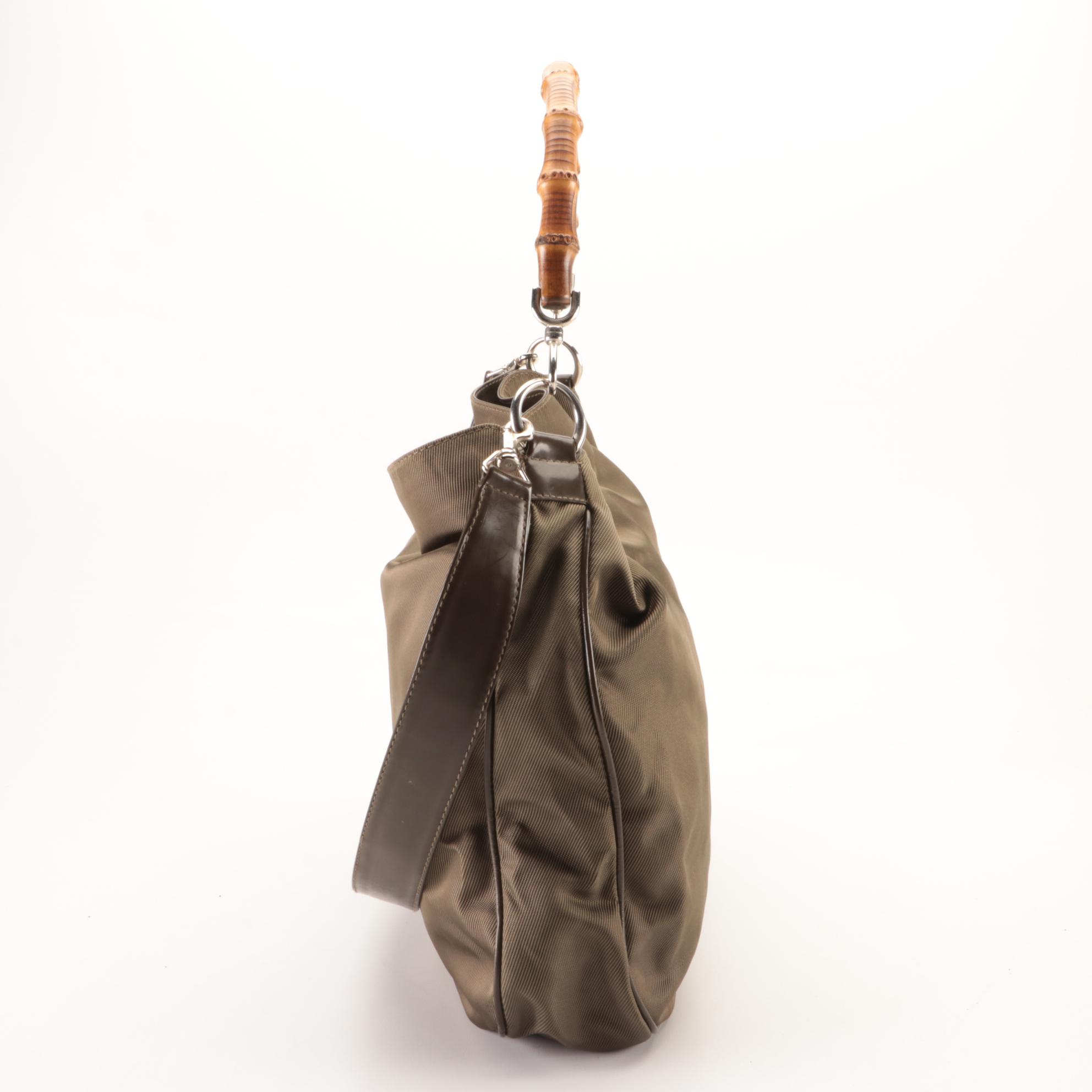 Gucci Bamboo Two-Way Shoulder Bag in Olive Nylon and Leather